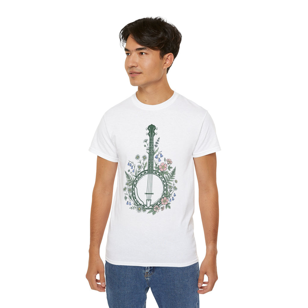 Floral Banjo Tee — Botanical Music Graphic T-Shirt
