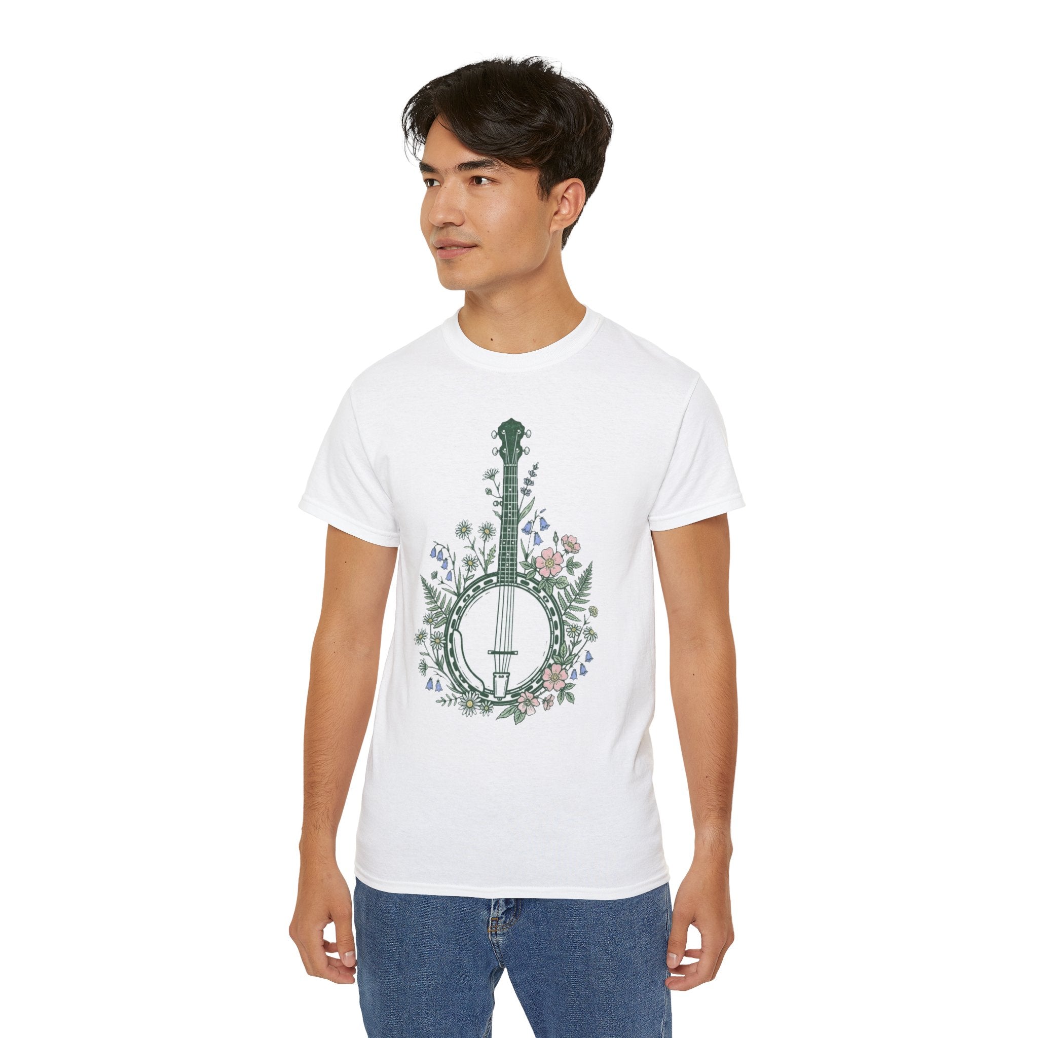 Floral Banjo Tee — Botanical Music Graphic T-Shirt