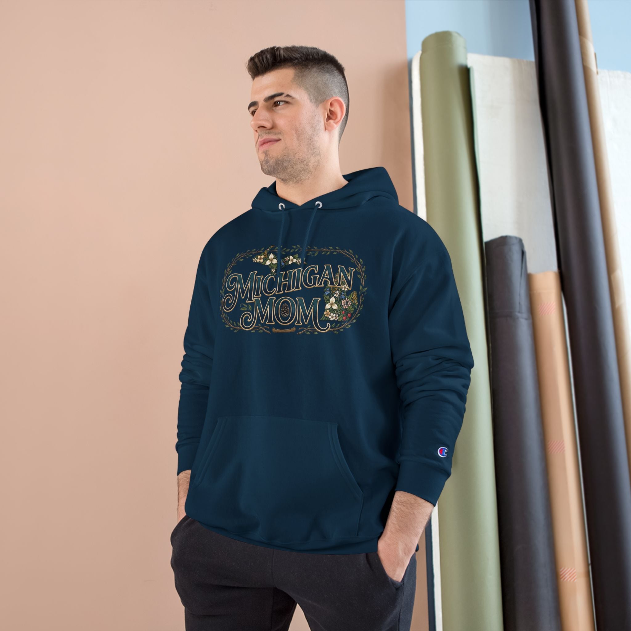 Michigan Mom Hoodie – Champion Pullover with Vintage State Floral Design