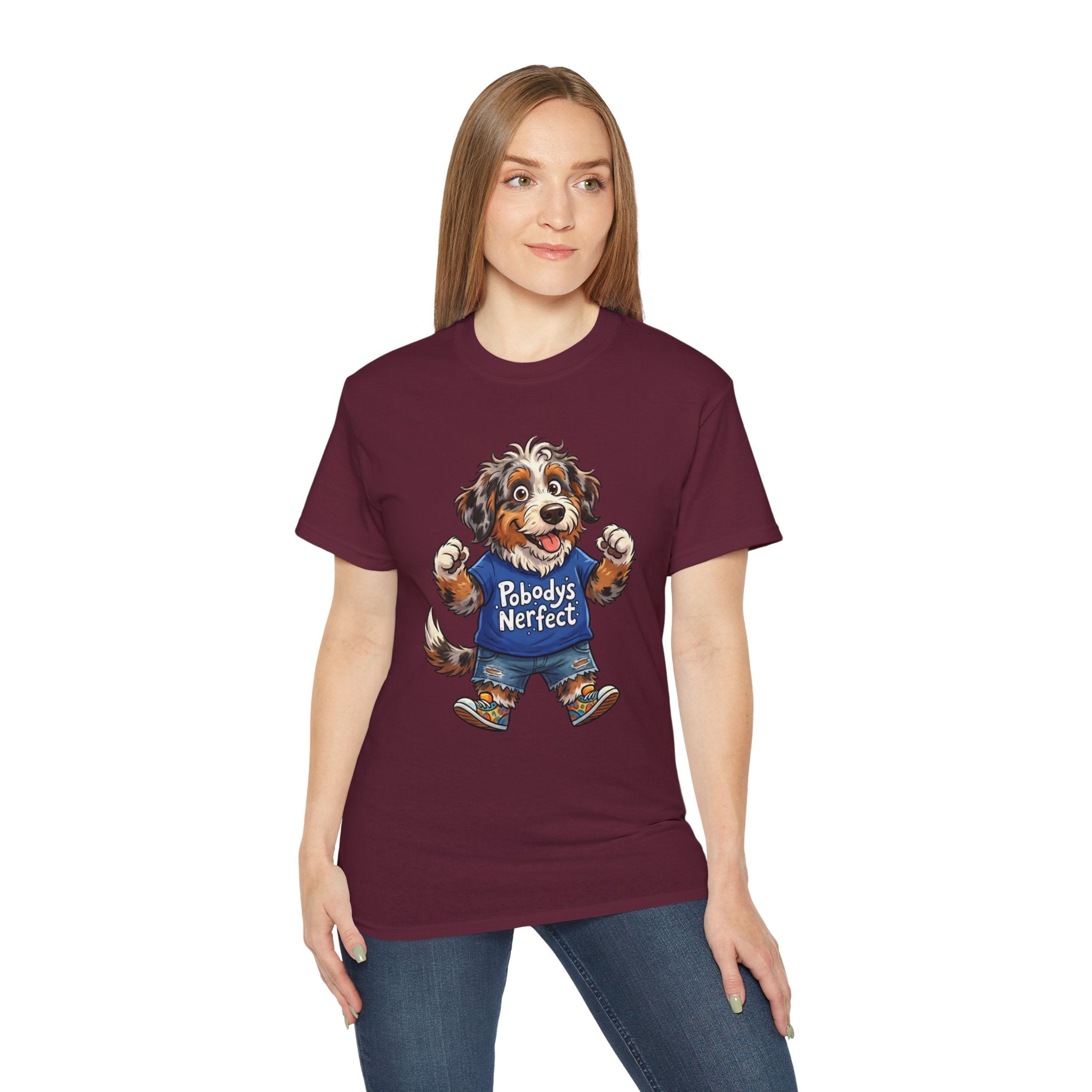 Dog Lover T‑Shirt – Cute Pup Wearing “Pobody's Nerfect” Shirt (Funny Pet Tee)