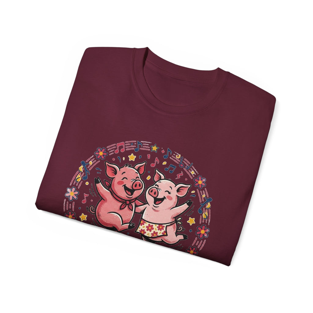 Hog Wild Dance Party Tee — Cute Dancing Pigs Graphic T-Shirt