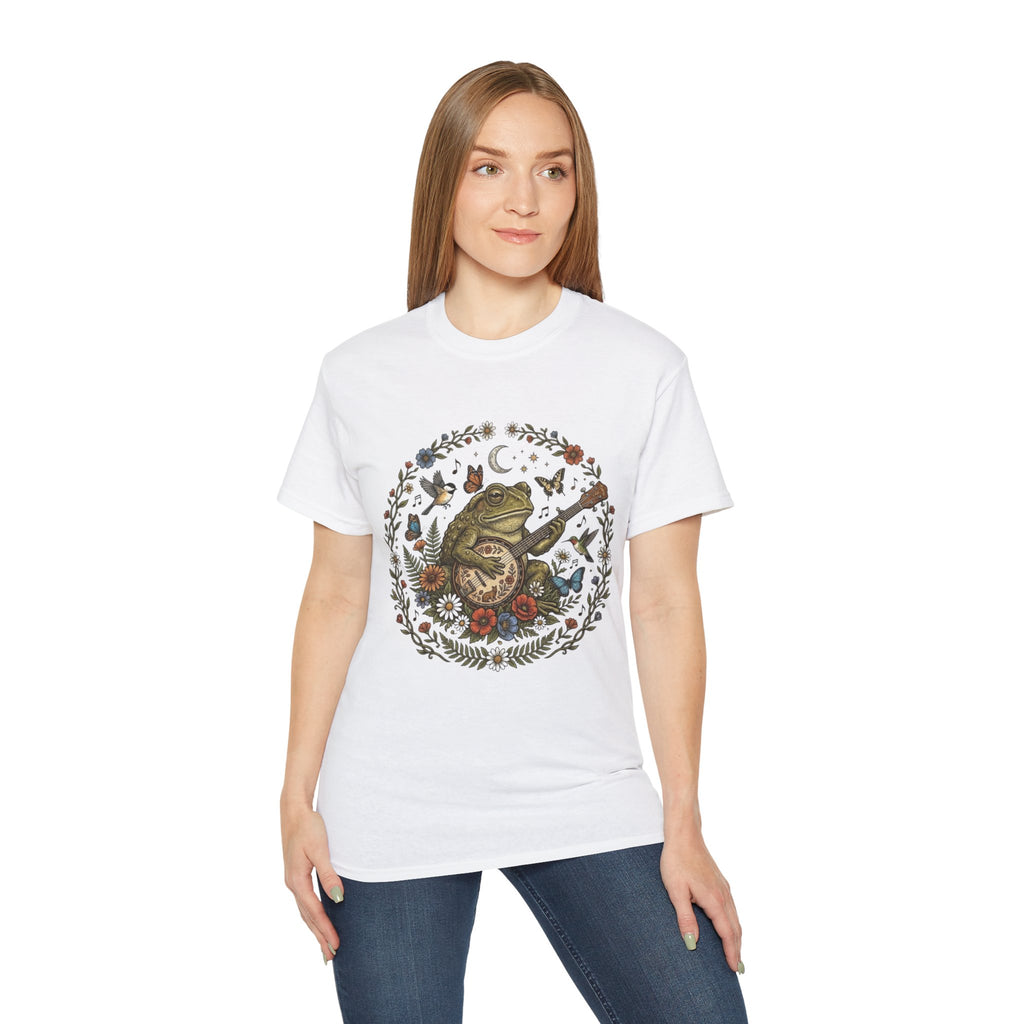 Folk Art Toad Banjo Tee — Floral Moonlight Frog Banjo  T-Shirt