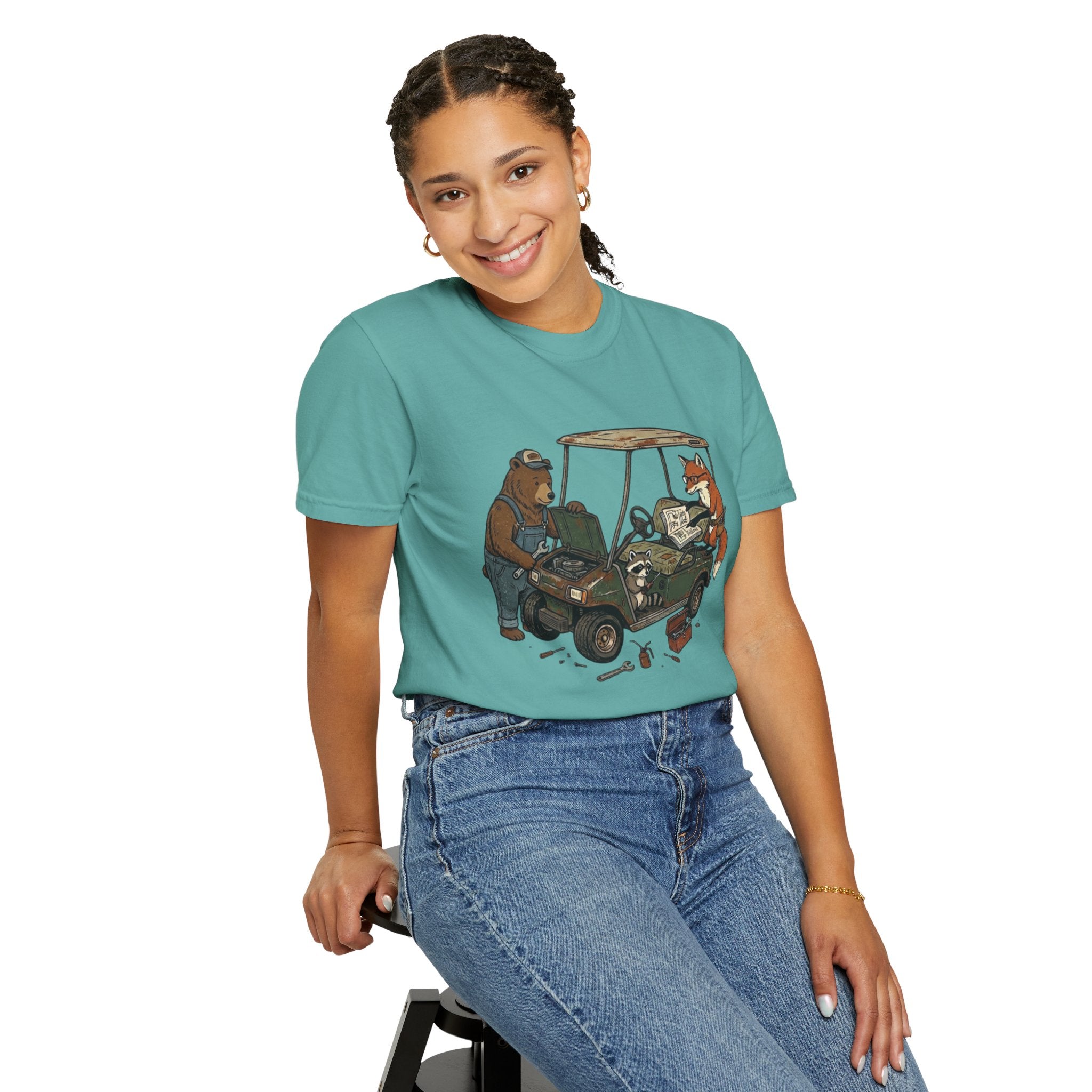 Golf Cart Mechanics T-Shirt — Bear & Fox Repairing Cart Illustration