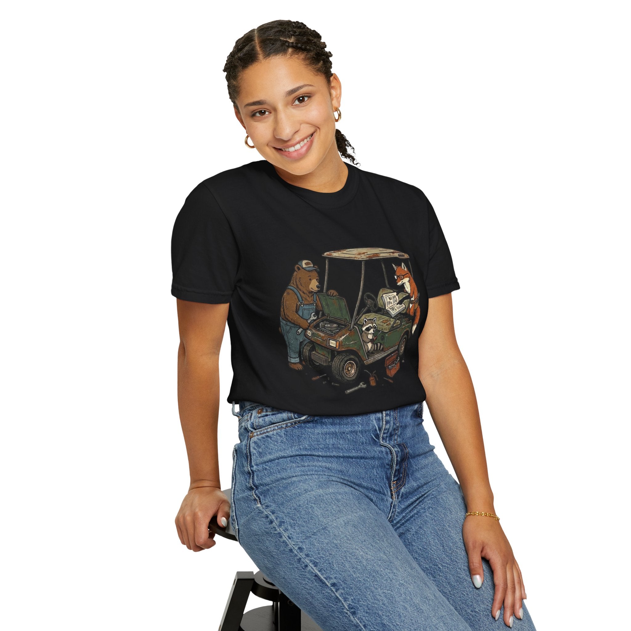 Golf Cart Mechanics T-Shirt — Bear & Fox Repairing Cart Illustration