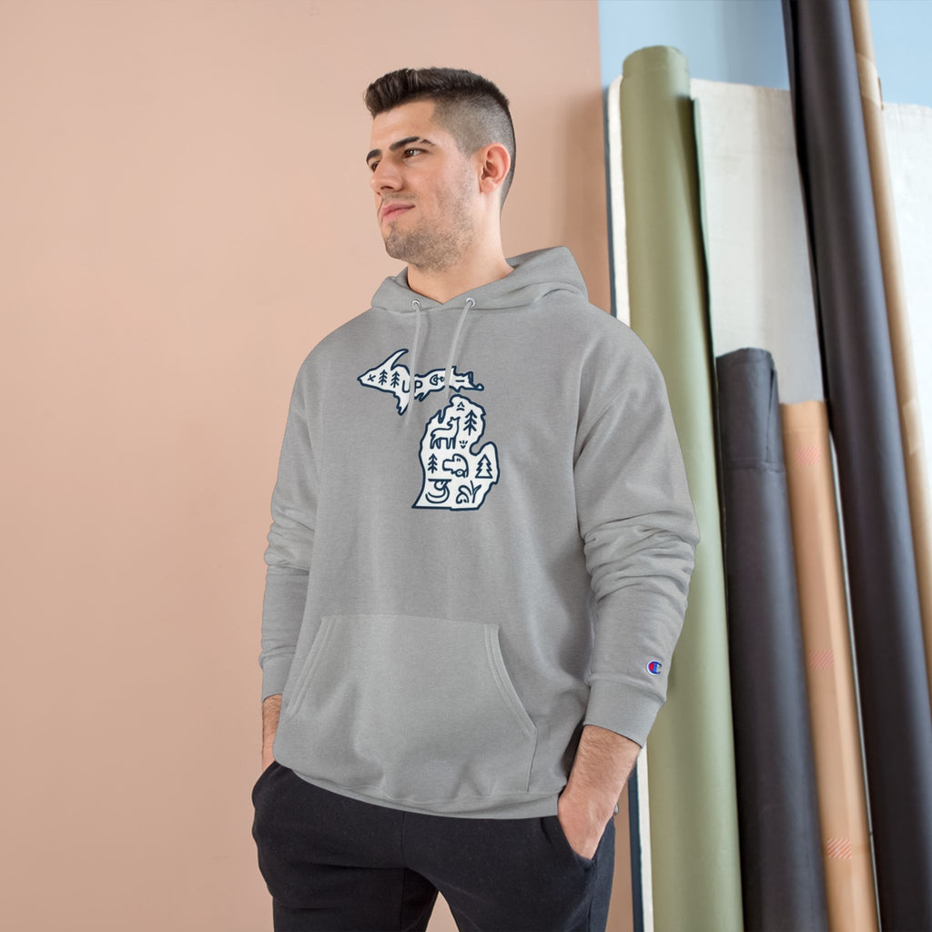 Michigan Map Champion Hoodie — Cozy State Pride Pullover with Iconic Symbols