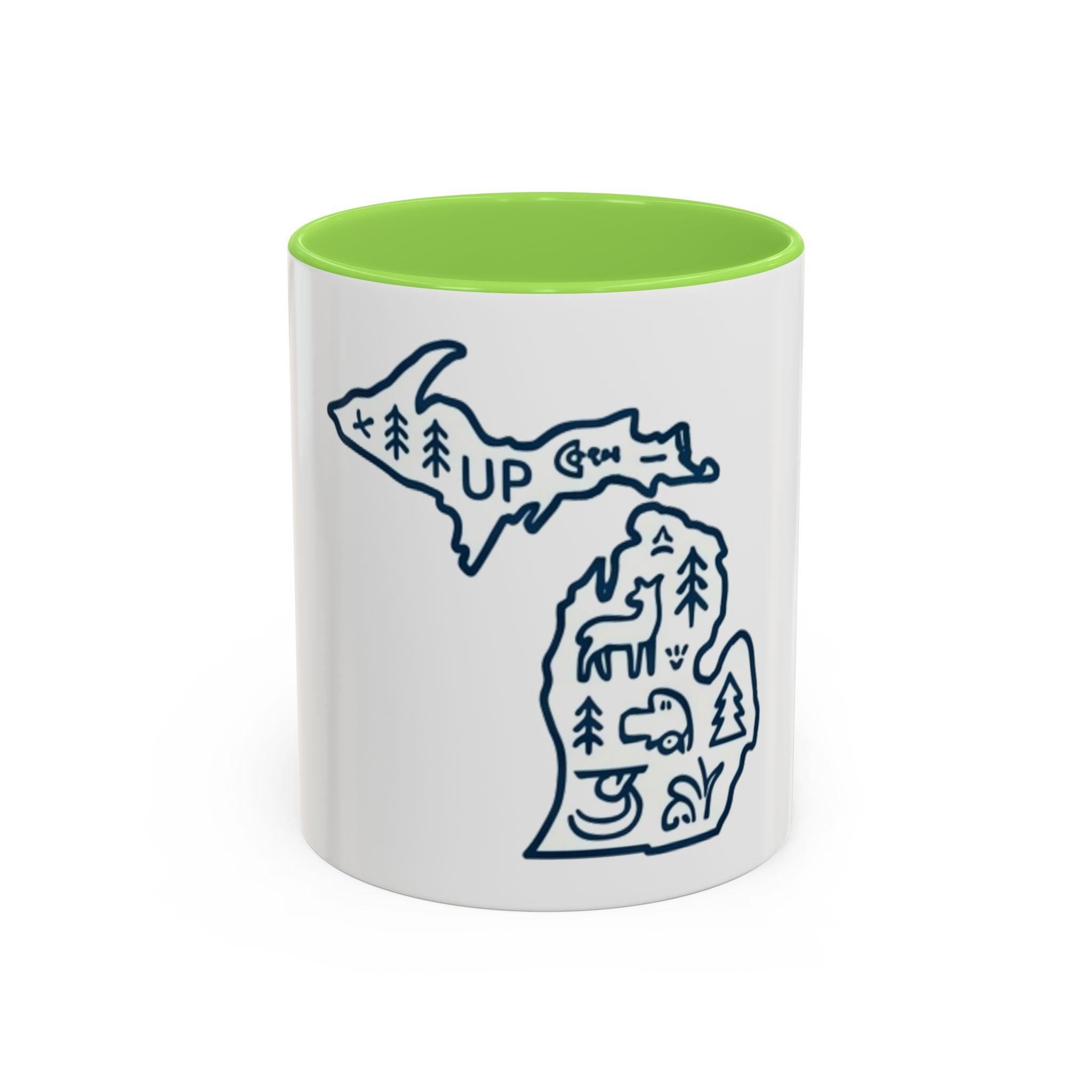 Michigan Outline Mug with UP & Outdoor Icons – Great Lakes State Coffee Cup (11oz/15oz)