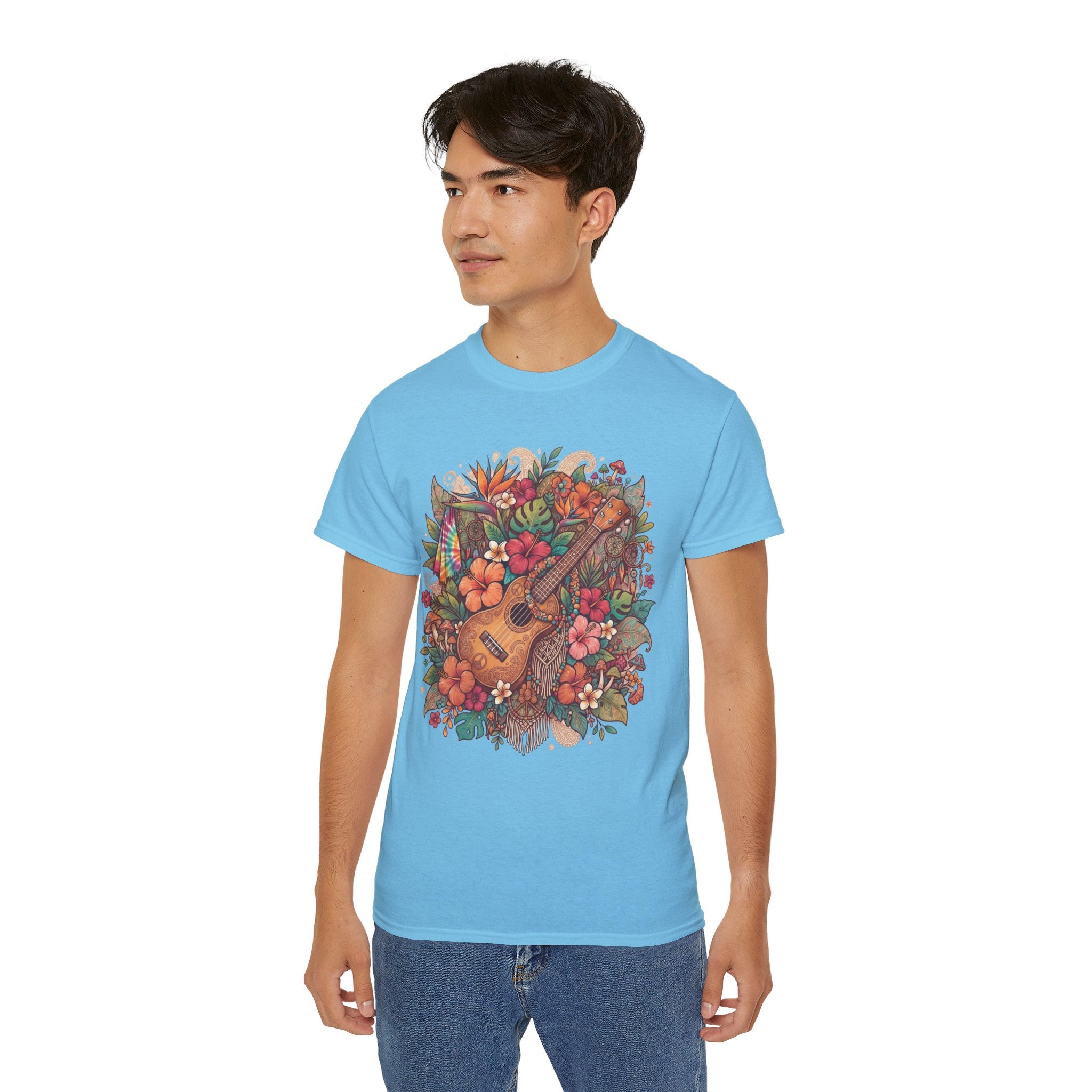 Floral Ukulele T-Shirt — Tropical Guitar & Hibiscus Flower Tee