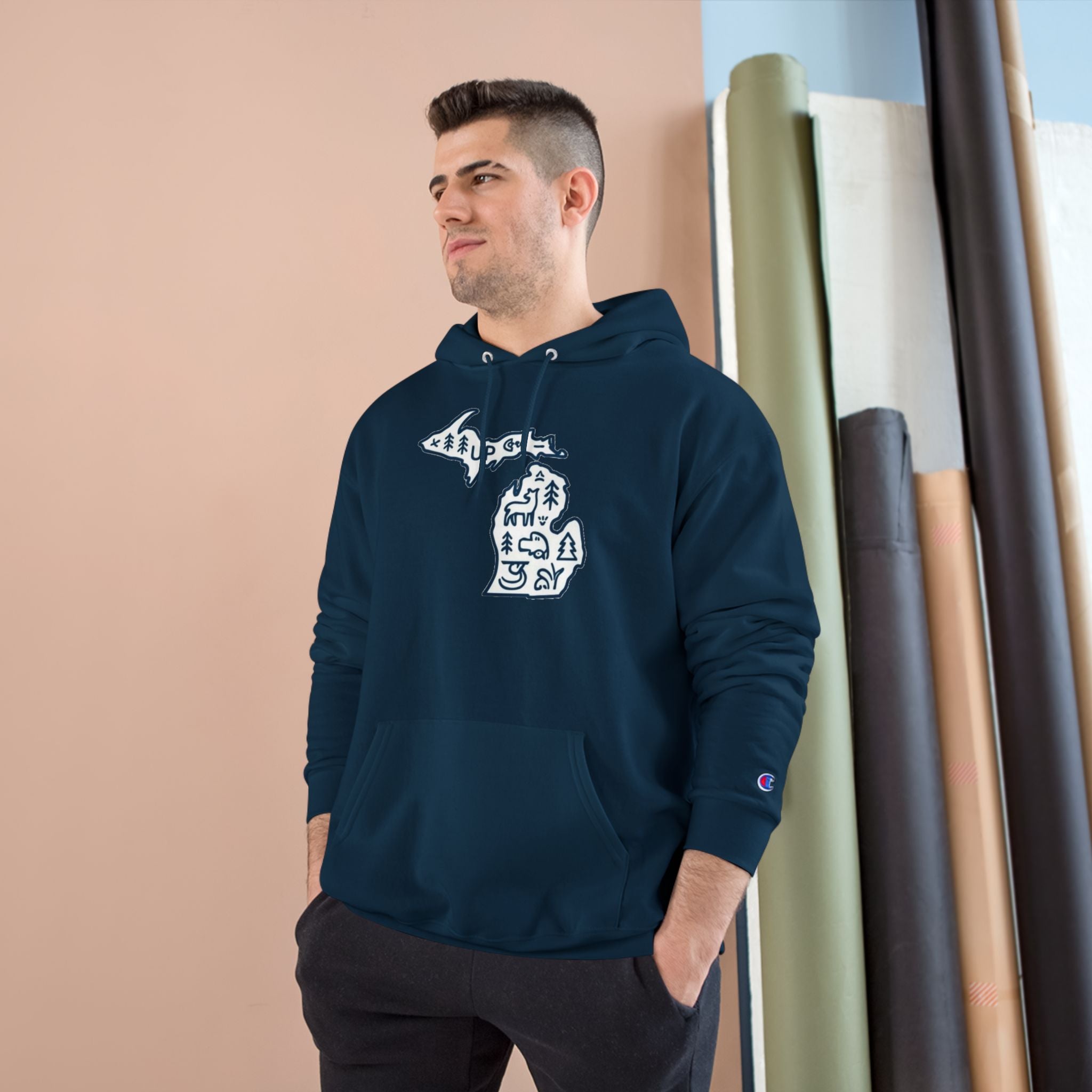 Michigan Map Champion Hoodie — Cozy State Pride Pullover with Iconic Symbols