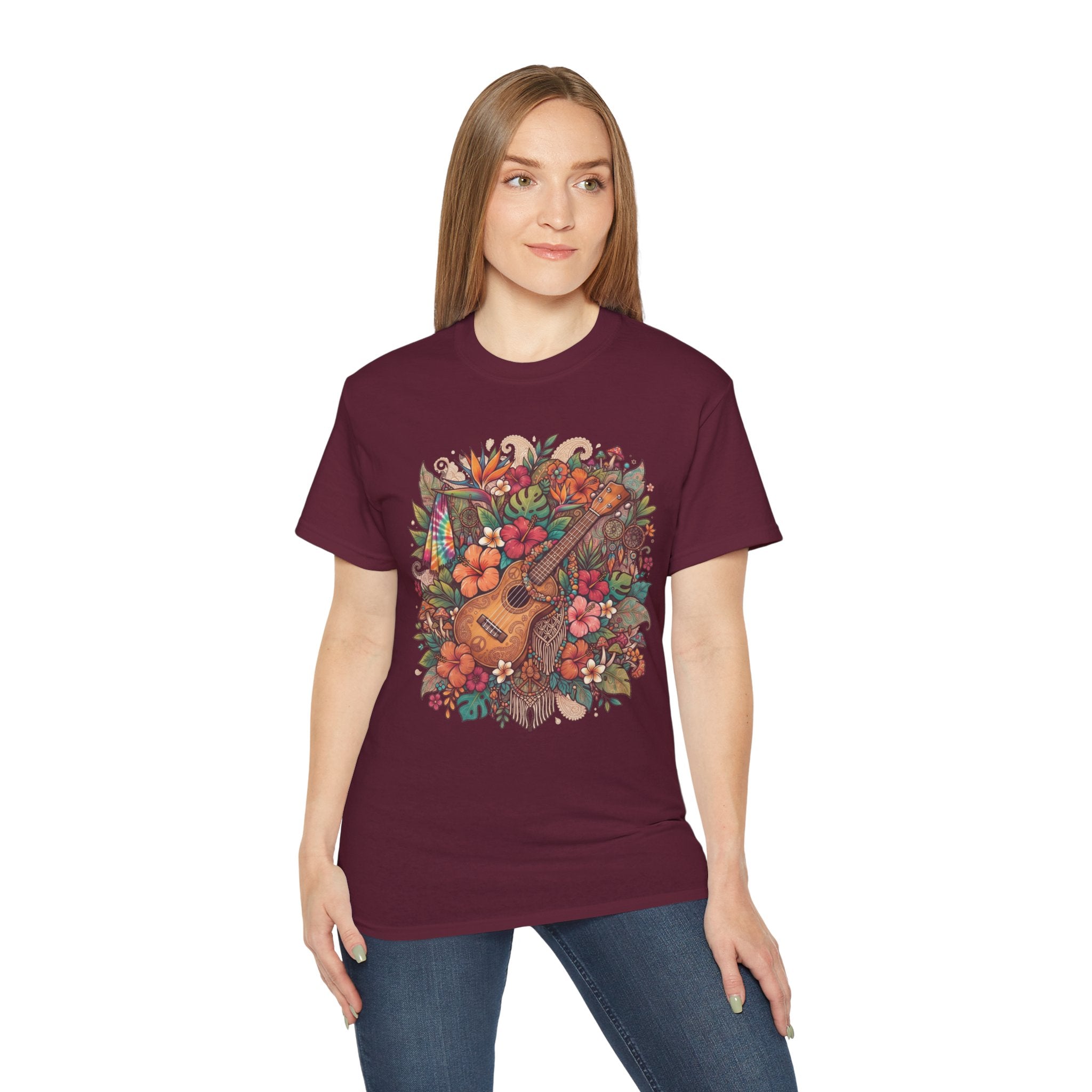 Floral Ukulele T-Shirt — Tropical Guitar & Hibiscus Flower Tee