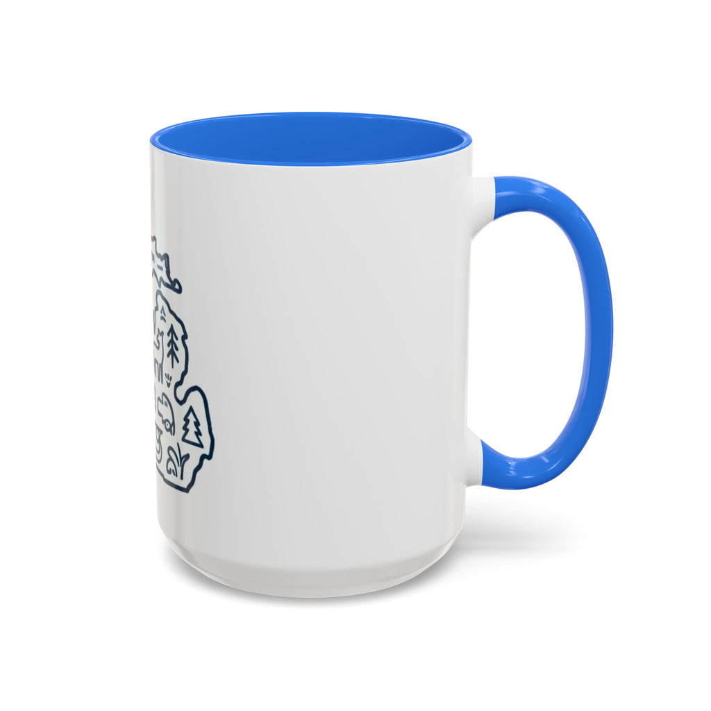 Michigan Outline Mug with UP & Outdoor Icons – Great Lakes State Coffee Cup (11oz/15oz)