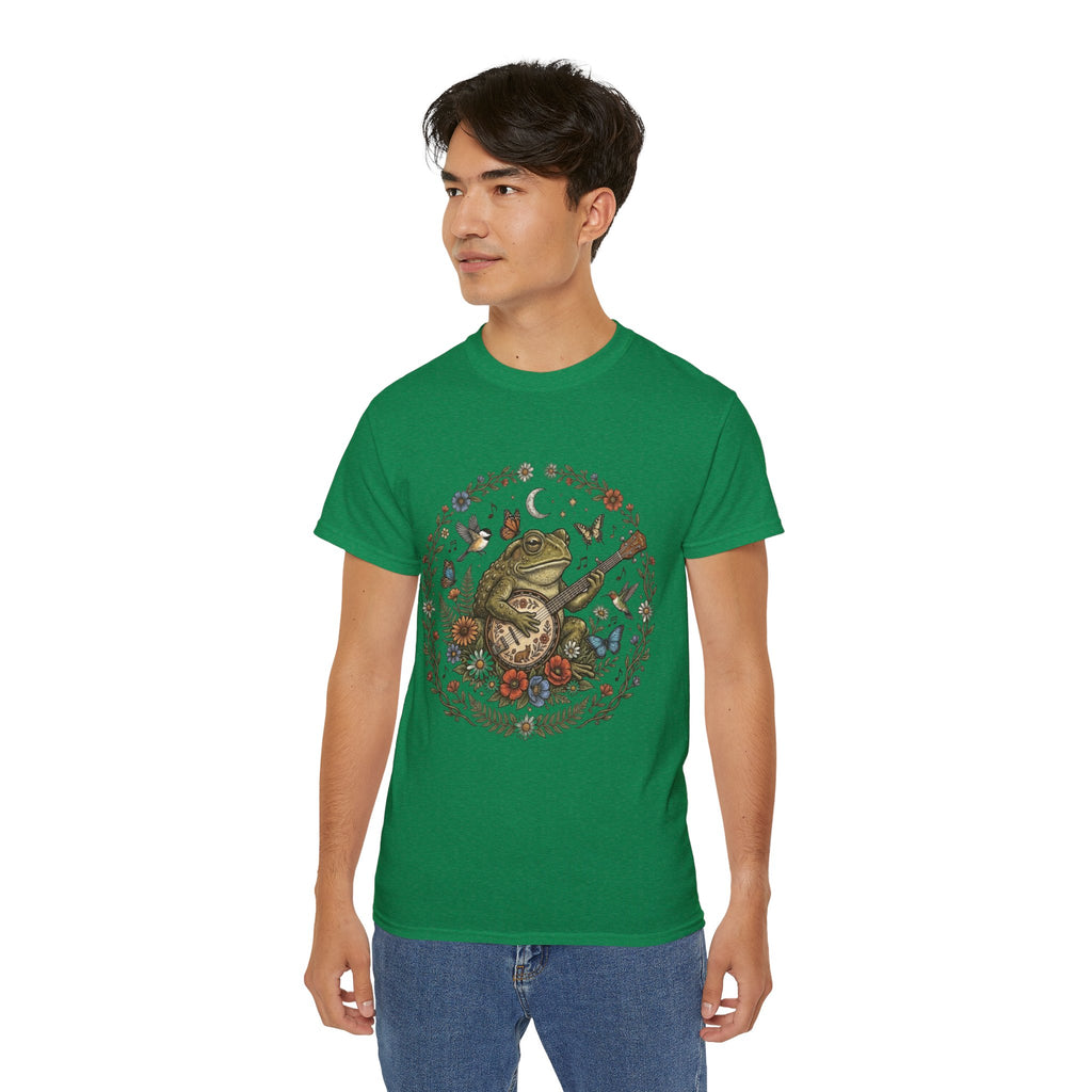 Folk Art Toad Banjo Tee — Floral Moonlight Frog Banjo  T-Shirt