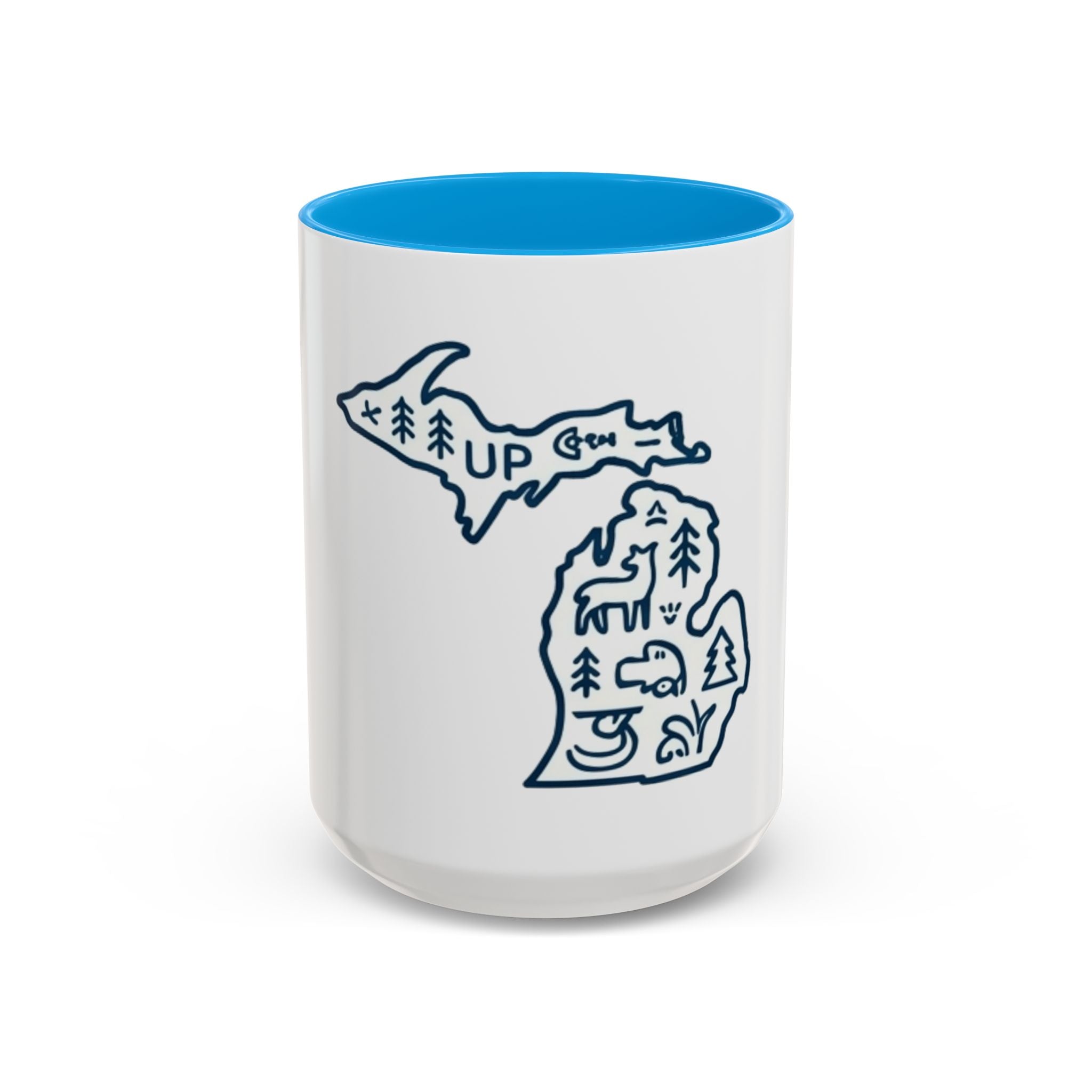 Michigan Outline Mug with UP & Outdoor Icons – Great Lakes State Coffee Cup (11oz/15oz)