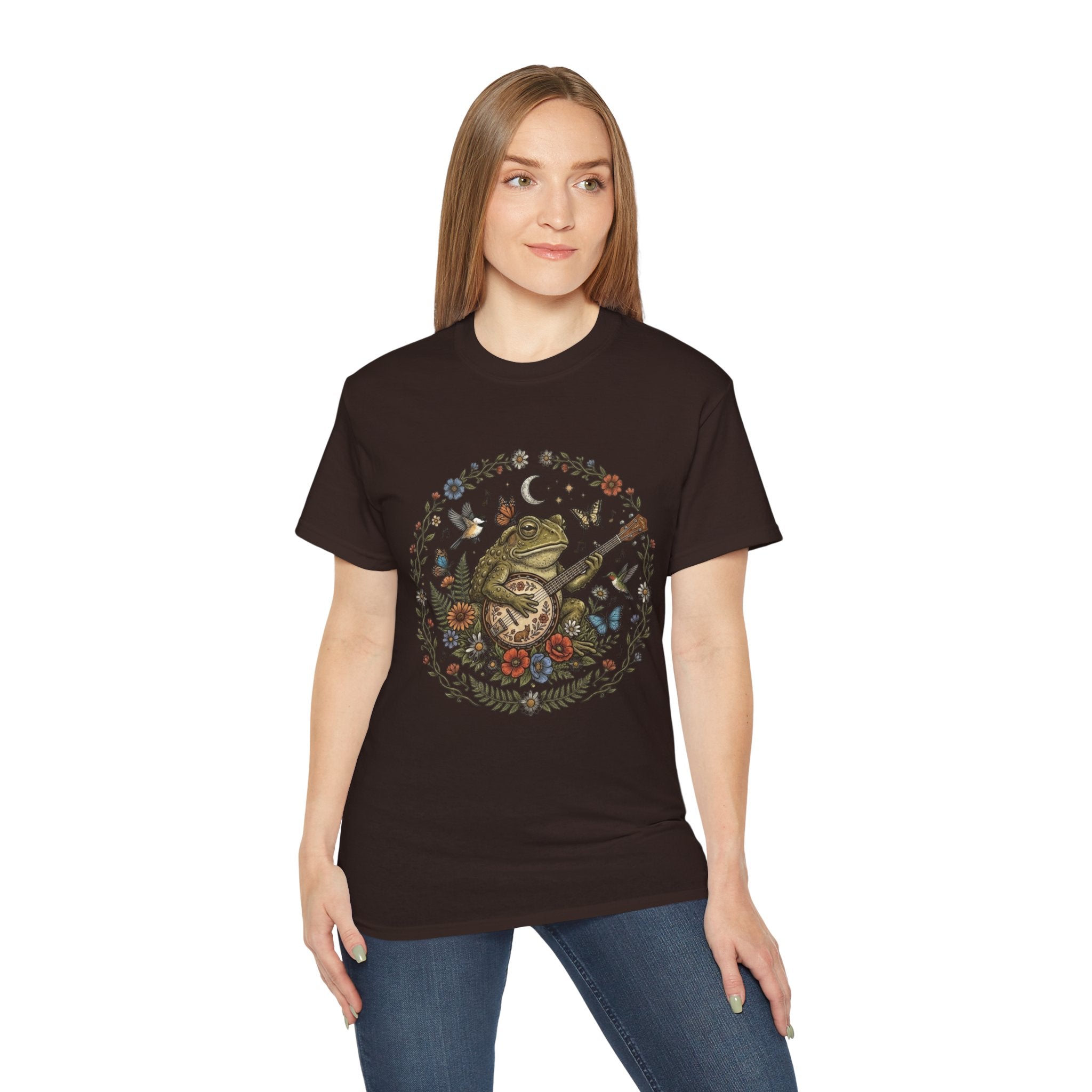 Folk Art Toad Banjo Tee — Floral Moonlight Frog Banjo  T-Shirt
