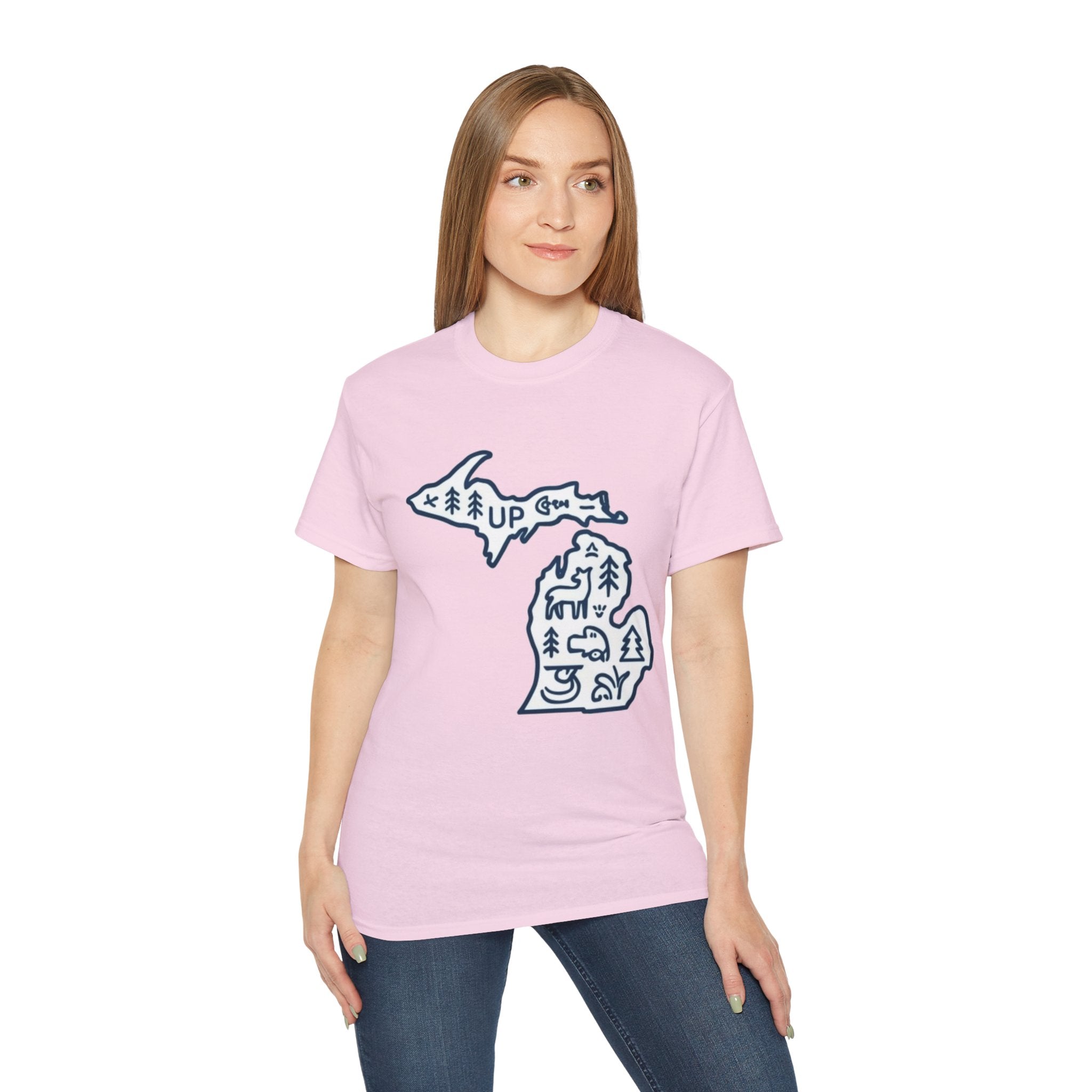 Michigan Outdoor Map T-Shirt — UP & Lower Peninsula Nature Design