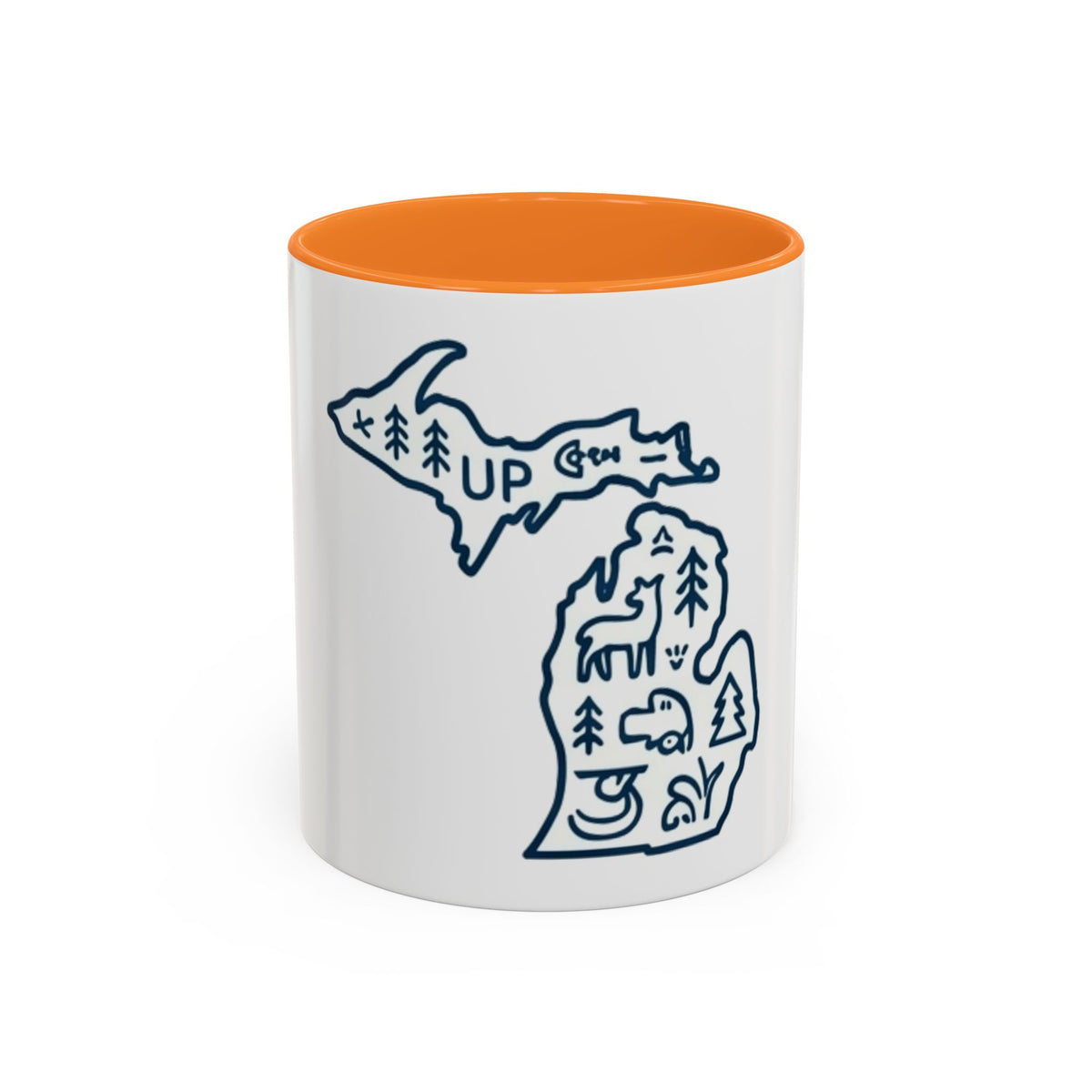 Michigan Outline Mug with UP & Outdoor Icons – Great Lakes State Coffee Cup (11oz/15oz)