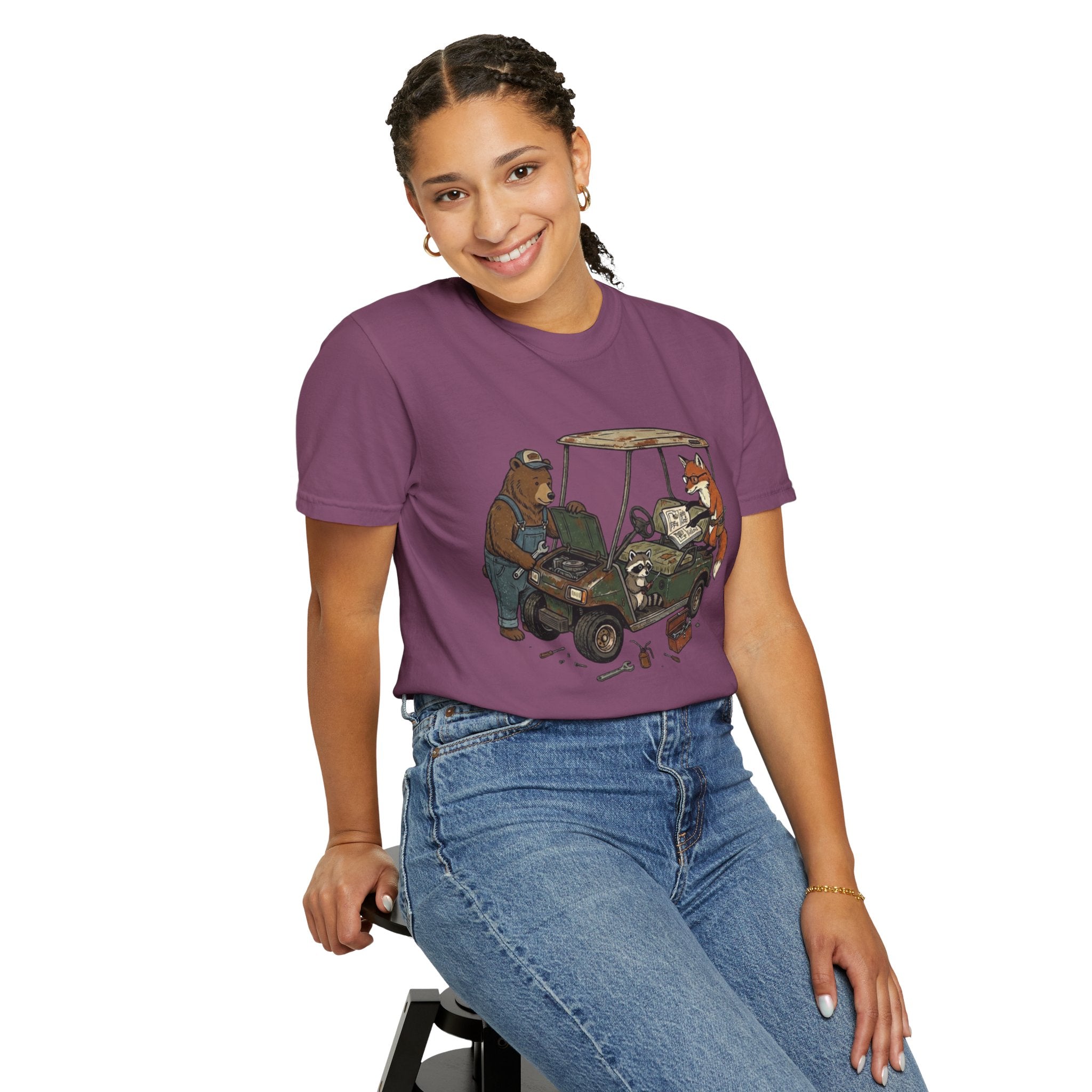 Golf Cart Mechanics T-Shirt — Bear & Fox Repairing Cart Illustration