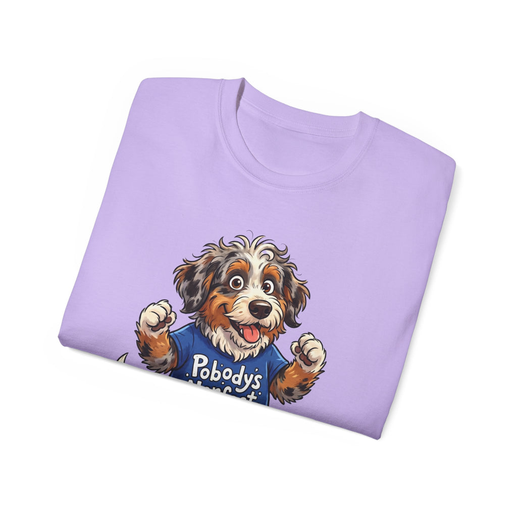 Dog Lover T‑Shirt – Cute Pup Wearing “Pobody's Nerfect” Shirt (Funny Pet Tee)