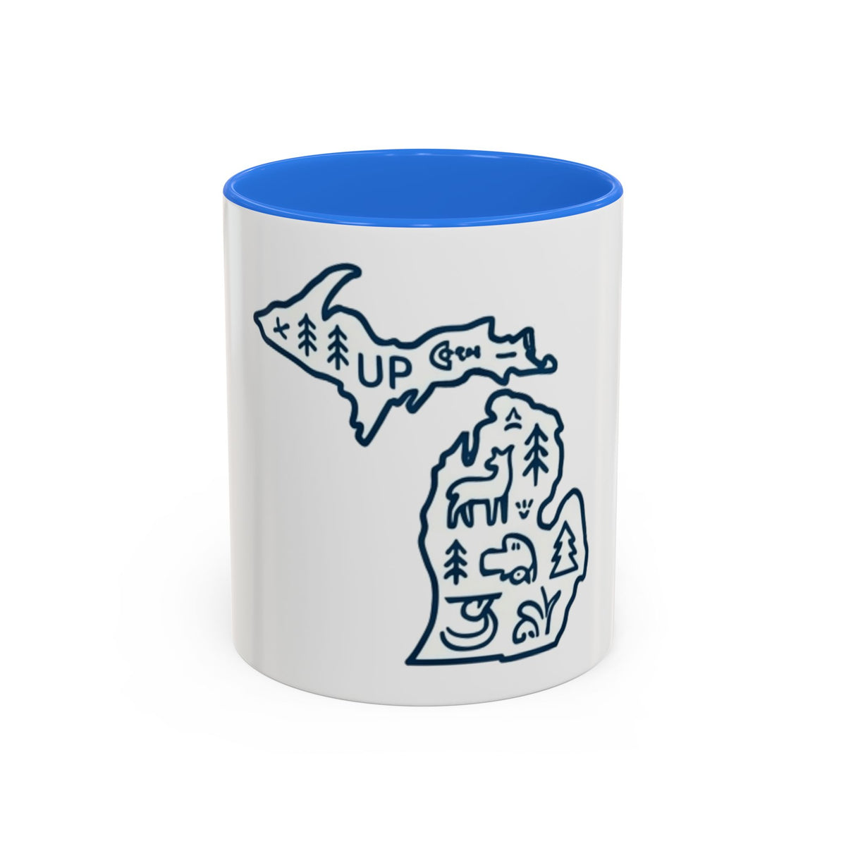 Michigan Outline Mug with UP & Outdoor Icons – Great Lakes State Coffee Cup (11oz/15oz)