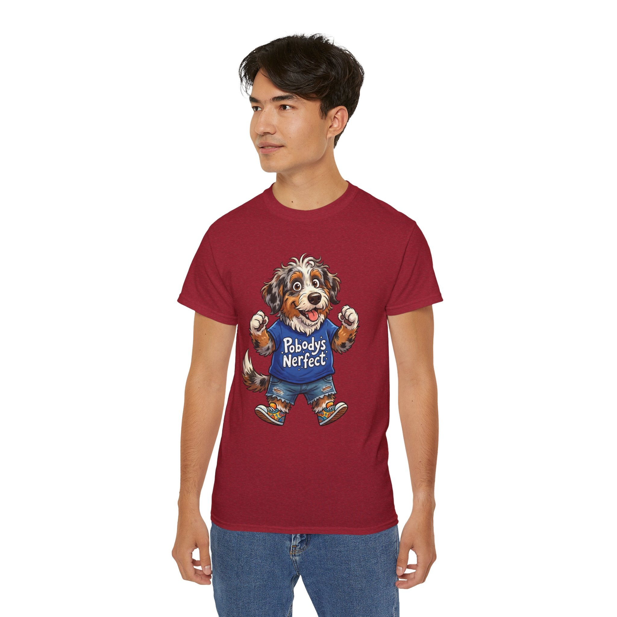 Dog Lover T‑Shirt – Cute Pup Wearing “Pobody's Nerfect” Shirt (Funny Pet Tee)