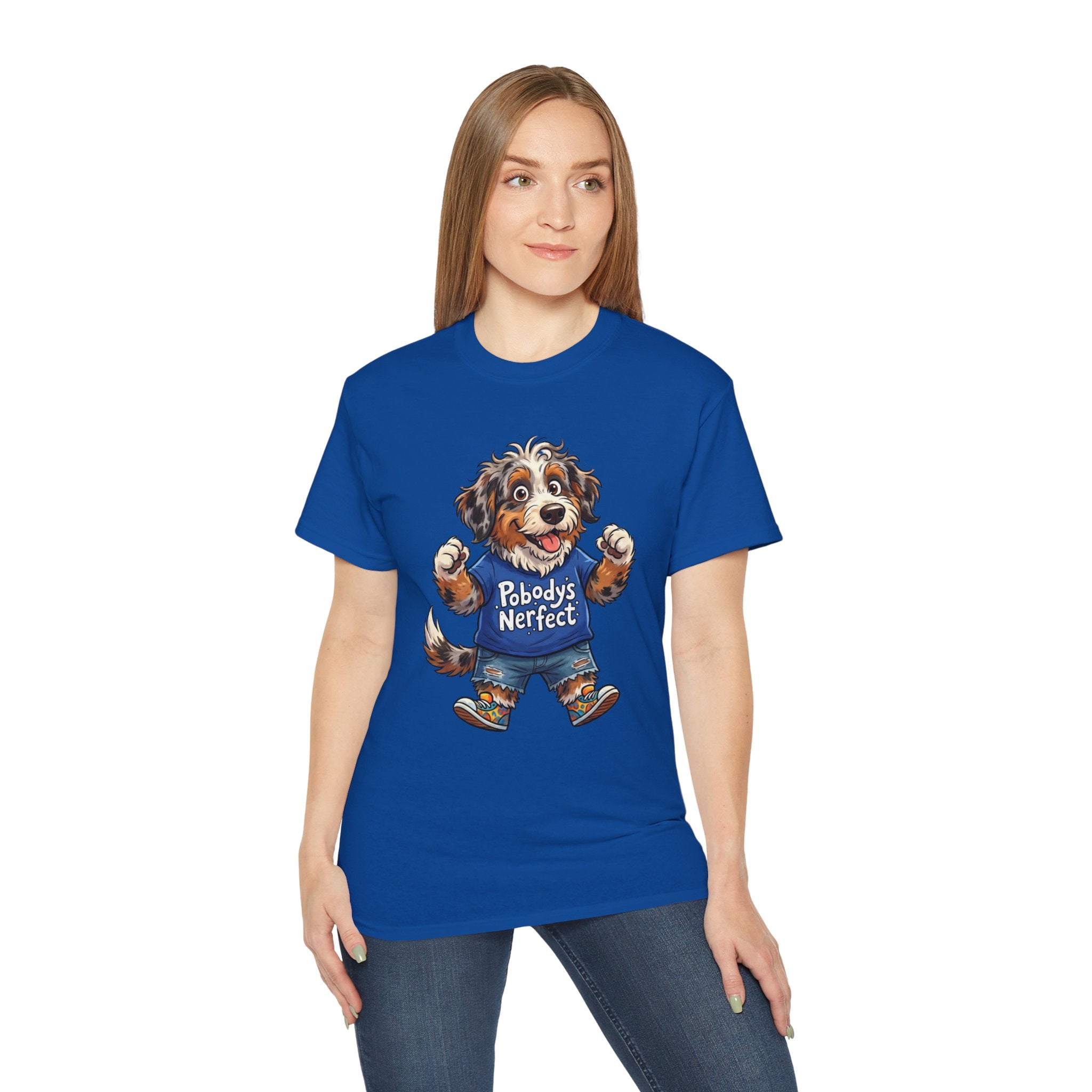 Dog Lover T‑Shirt – Cute Pup Wearing “Pobody's Nerfect” Shirt (Funny Pet Tee)