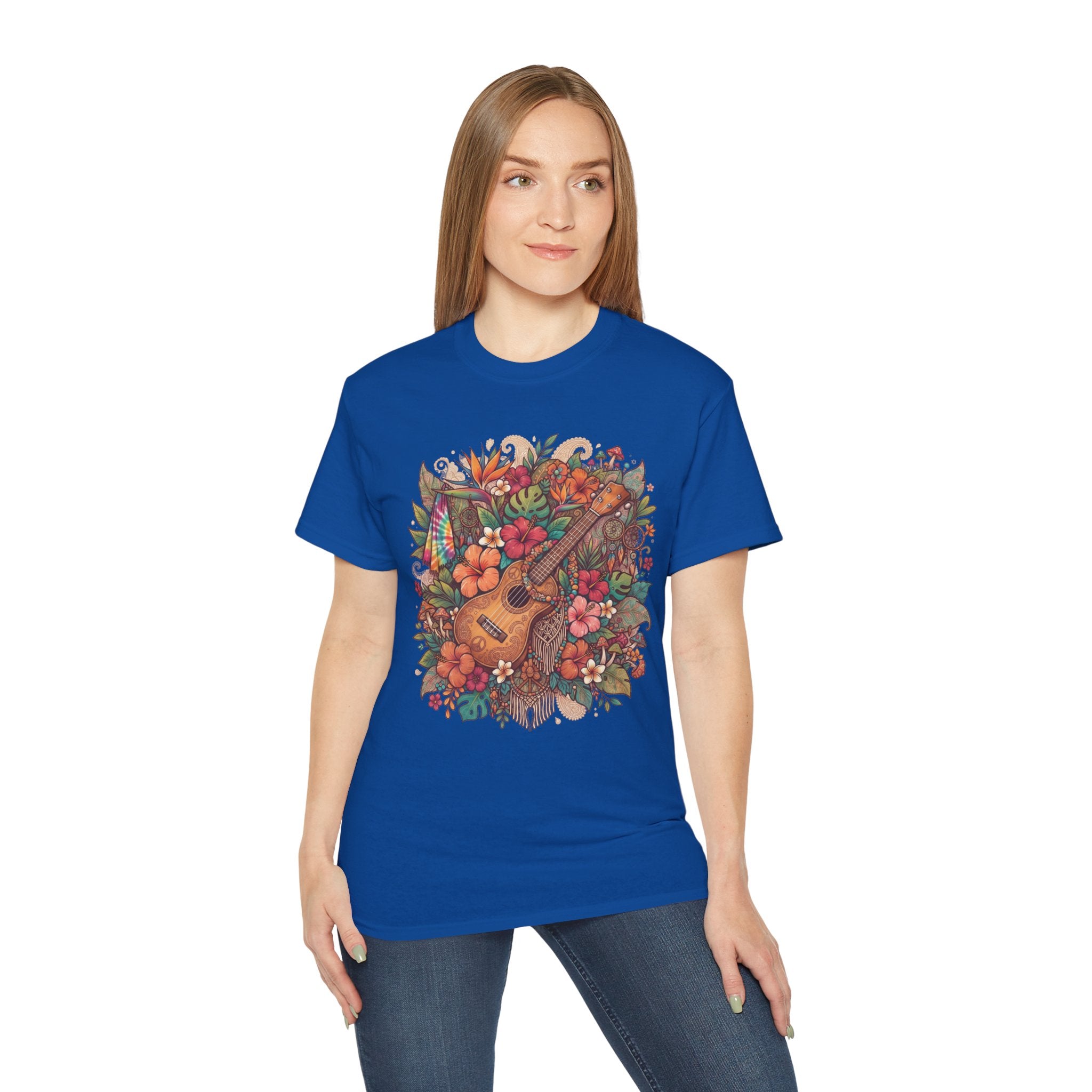 Floral Ukulele T-Shirt — Tropical Guitar & Hibiscus Flower Tee