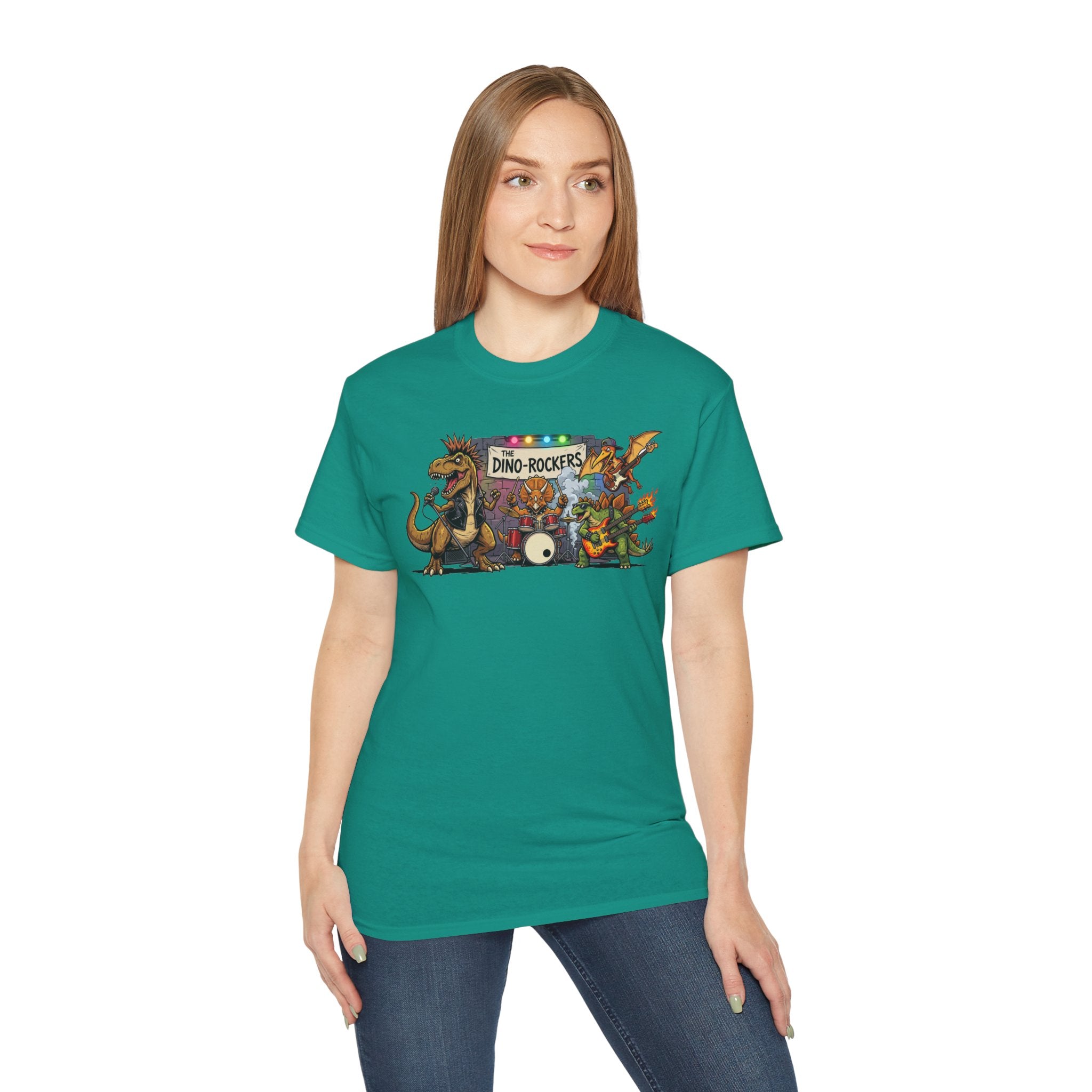 Dino Rockers T-Shirt – Retro Dinosaur Band Graphic Tee