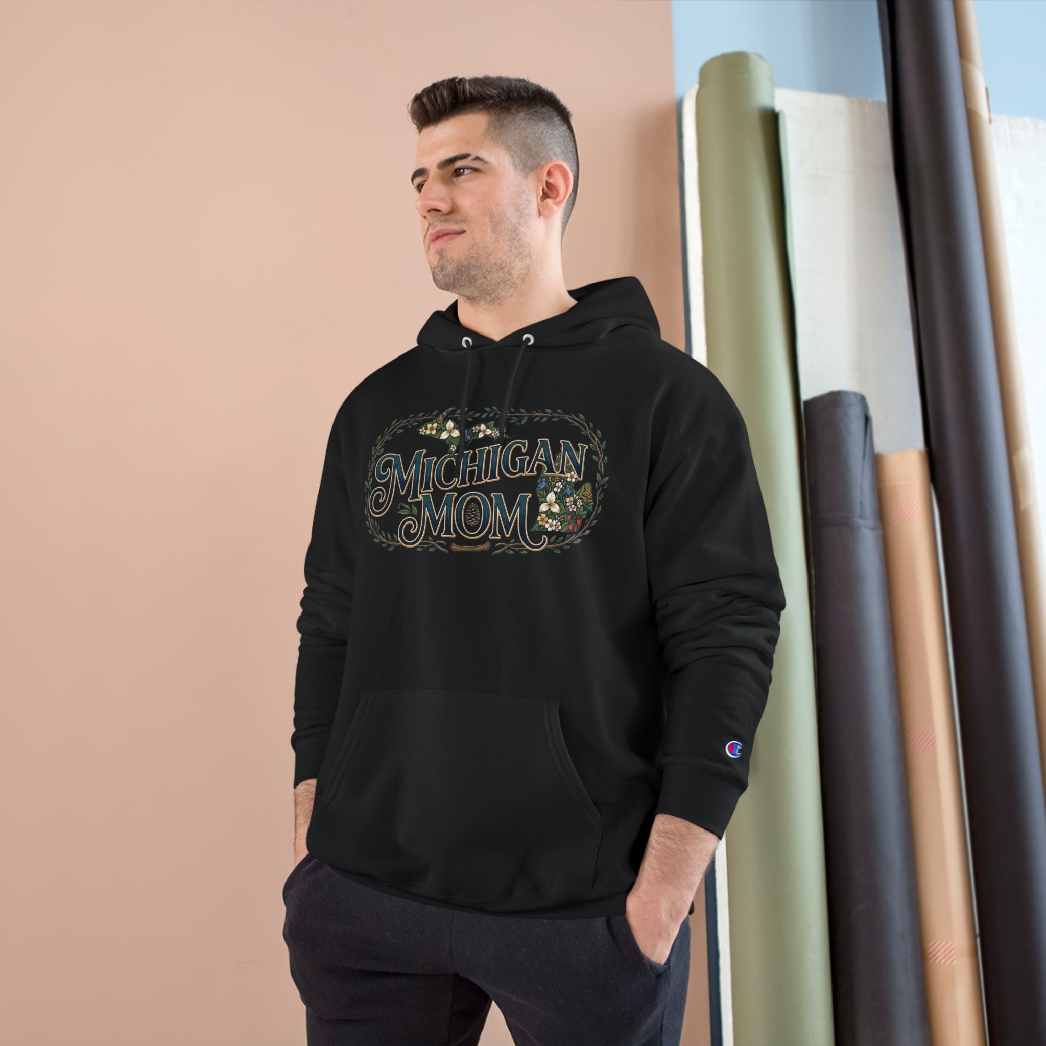 Michigan Mom Hoodie – Champion Pullover with Vintage State Floral Design