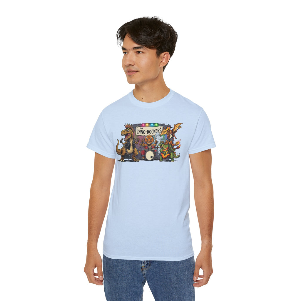 Dino Rockers T-Shirt – Retro Dinosaur Band Graphic Tee