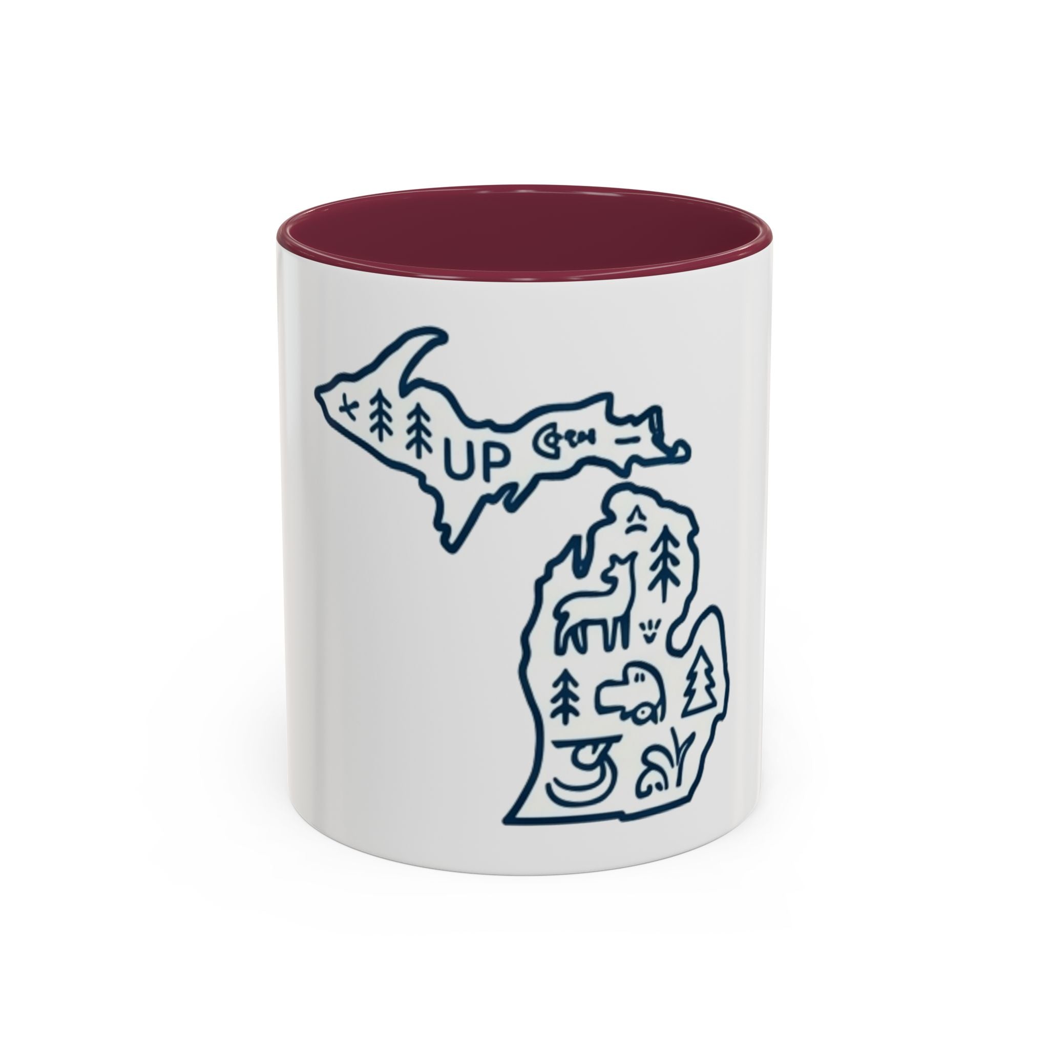 Michigan Outline Mug with UP & Outdoor Icons – Great Lakes State Coffee Cup (11oz/15oz)