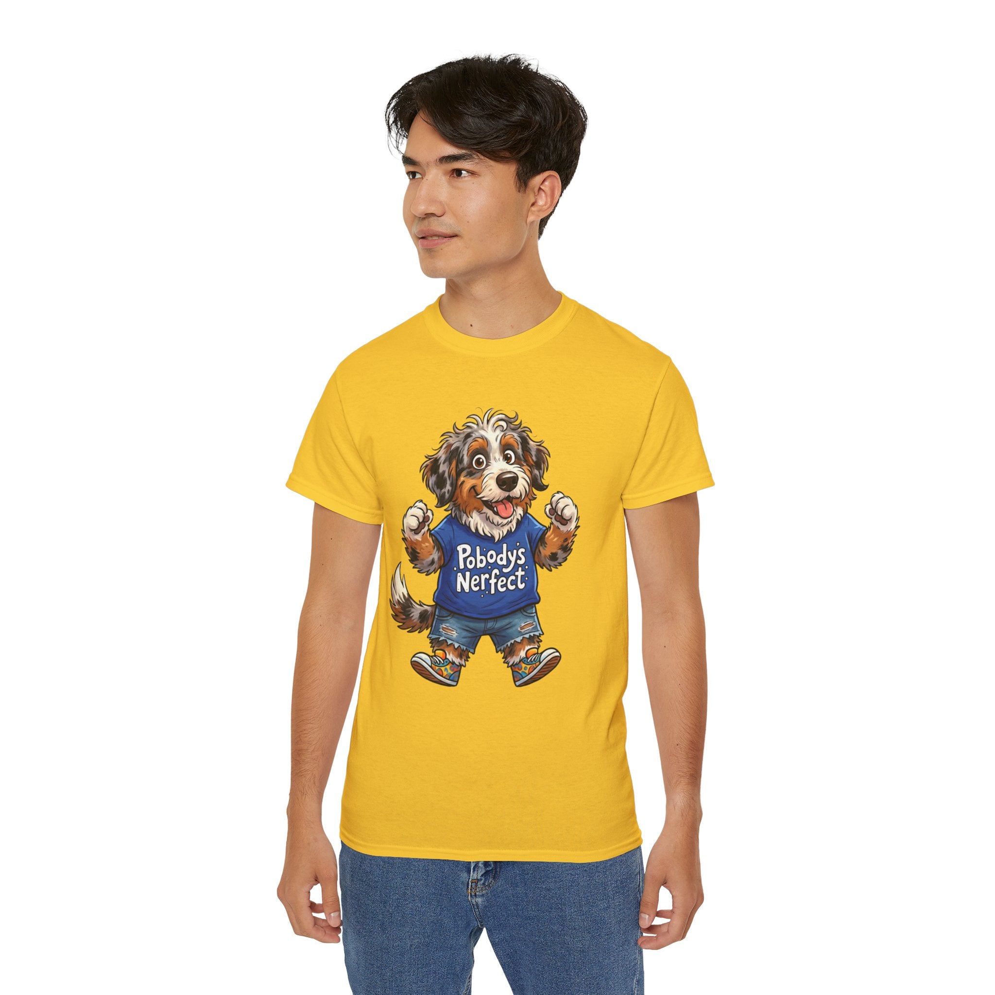 Dog Lover T‑Shirt – Cute Pup Wearing “Pobody's Nerfect” Shirt (Funny Pet Tee)