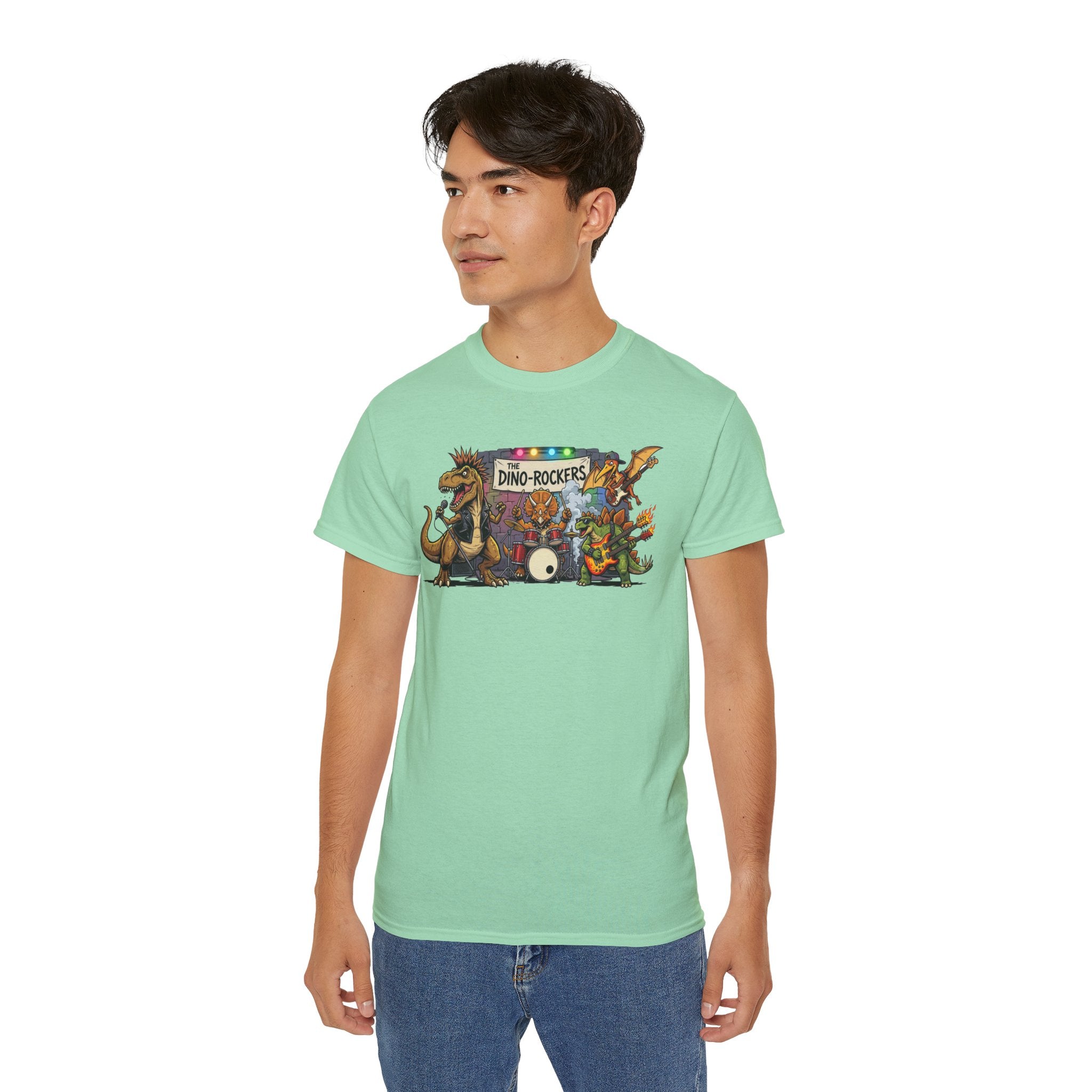 Dino Rockers T-Shirt – Retro Dinosaur Band Graphic Tee