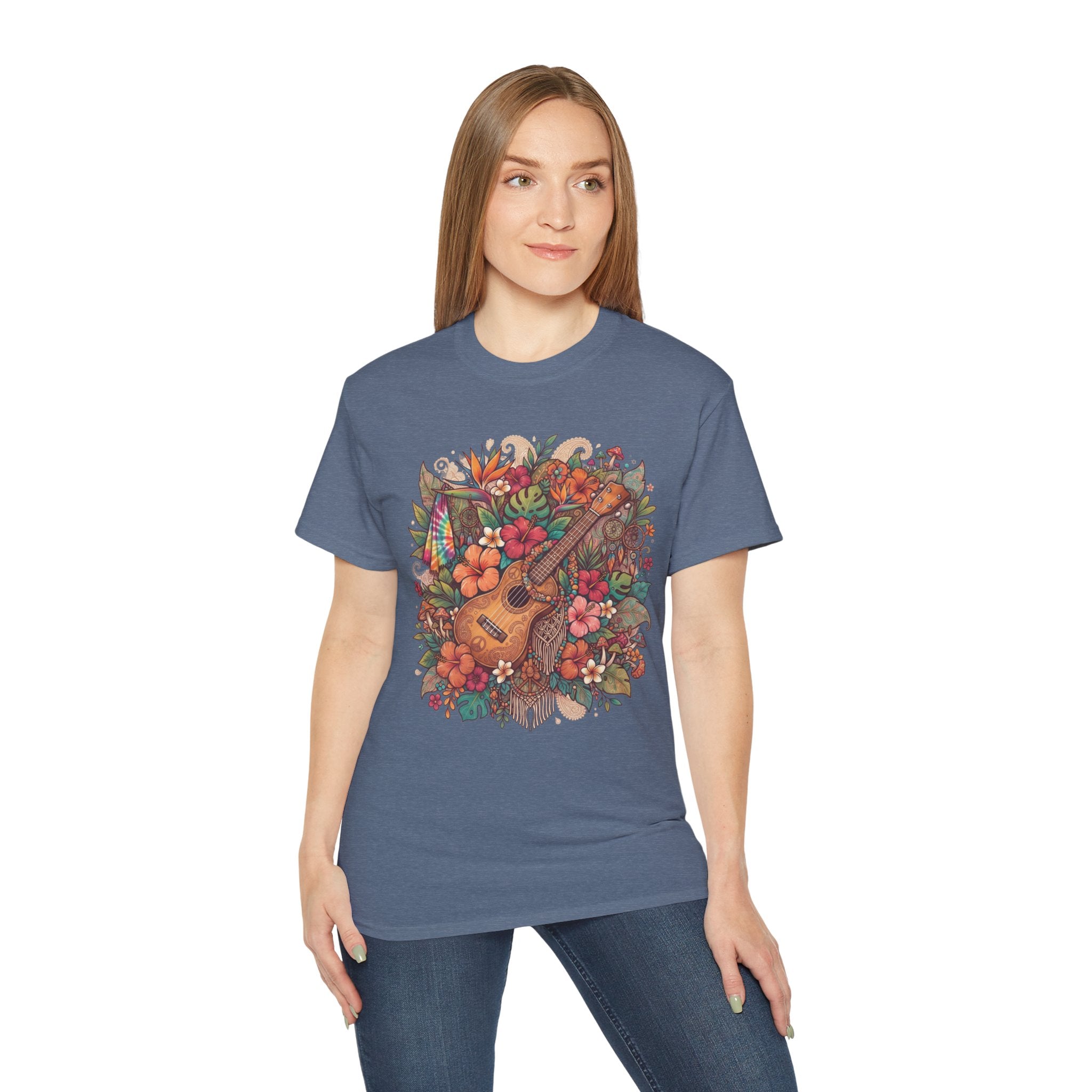 Floral Ukulele T-Shirt — Tropical Guitar & Hibiscus Flower Tee