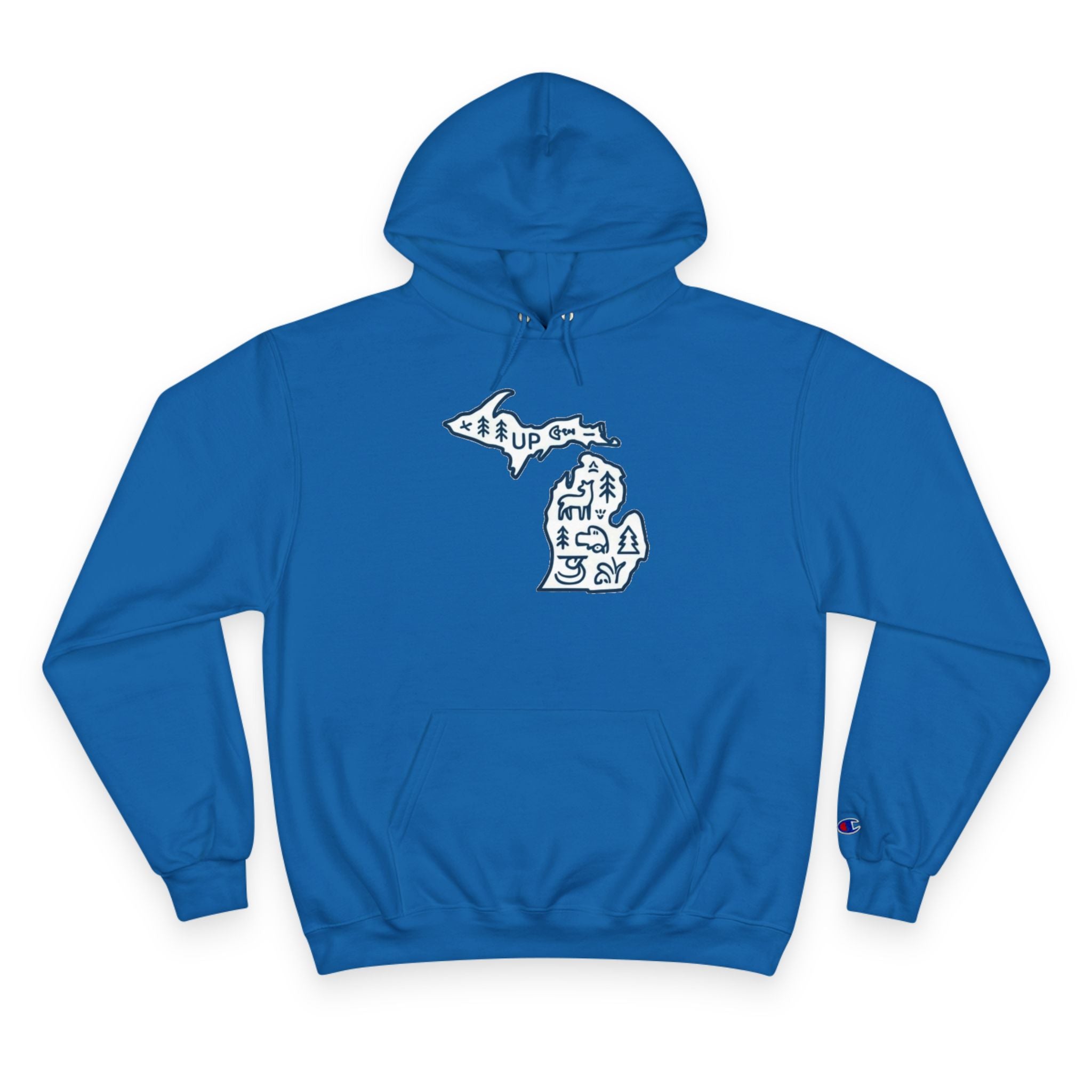 Michigan Map Champion Hoodie — Cozy State Pride Pullover with Iconic Symbols