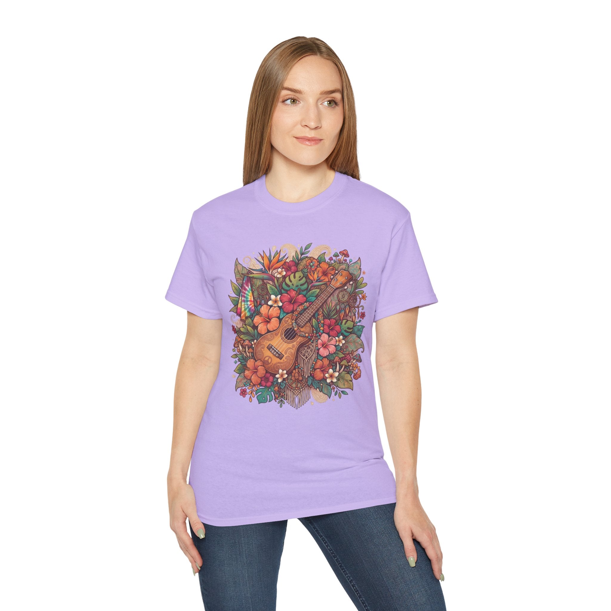 Floral Ukulele T-Shirt — Tropical Guitar & Hibiscus Flower Tee
