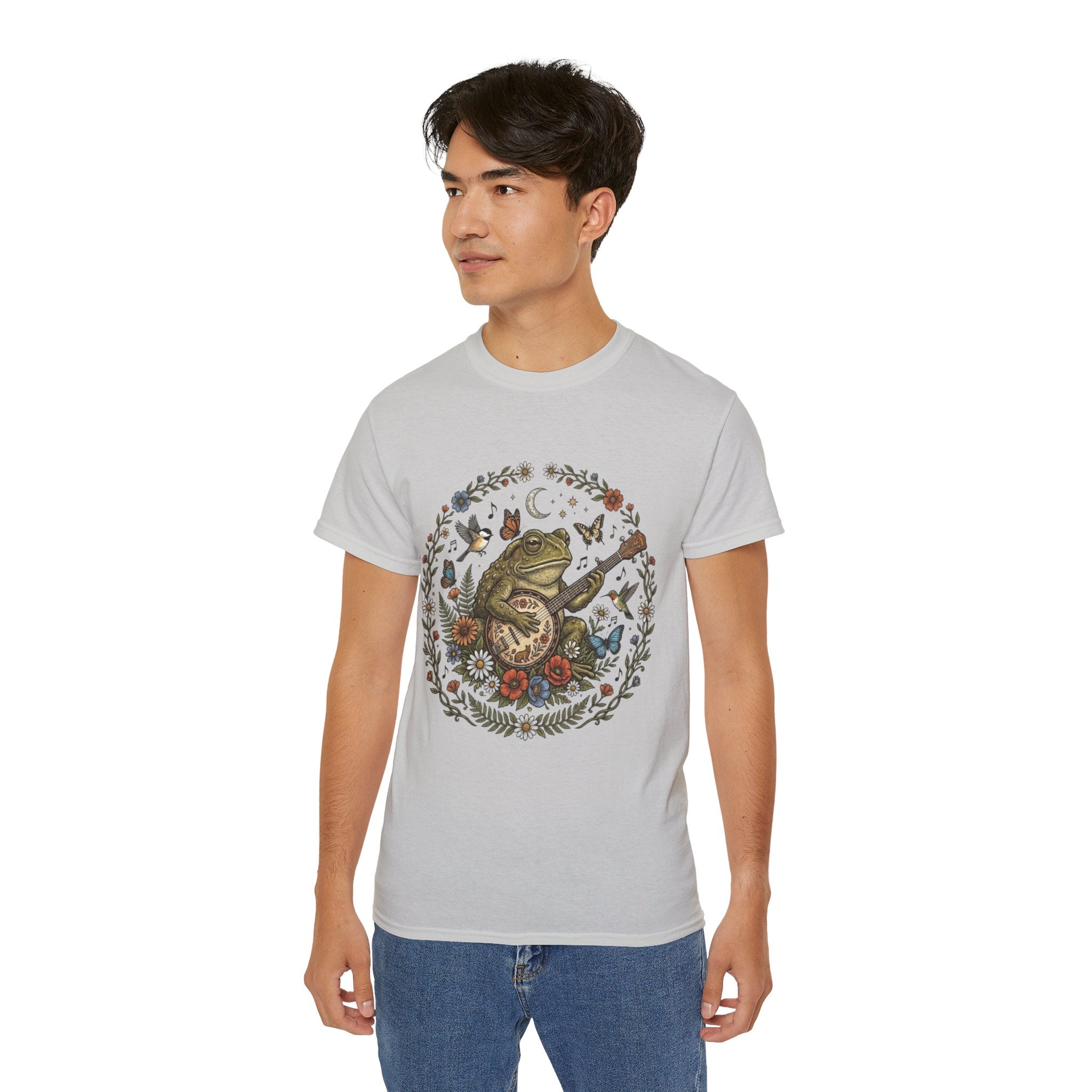 Folk Art Toad Banjo Tee — Floral Moonlight Frog Banjo  T-Shirt