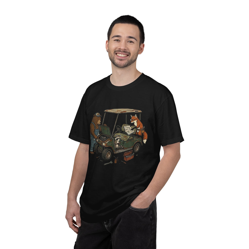 Golf Cart Mechanics T-Shirt — Bear & Fox Cartoon Repair Design