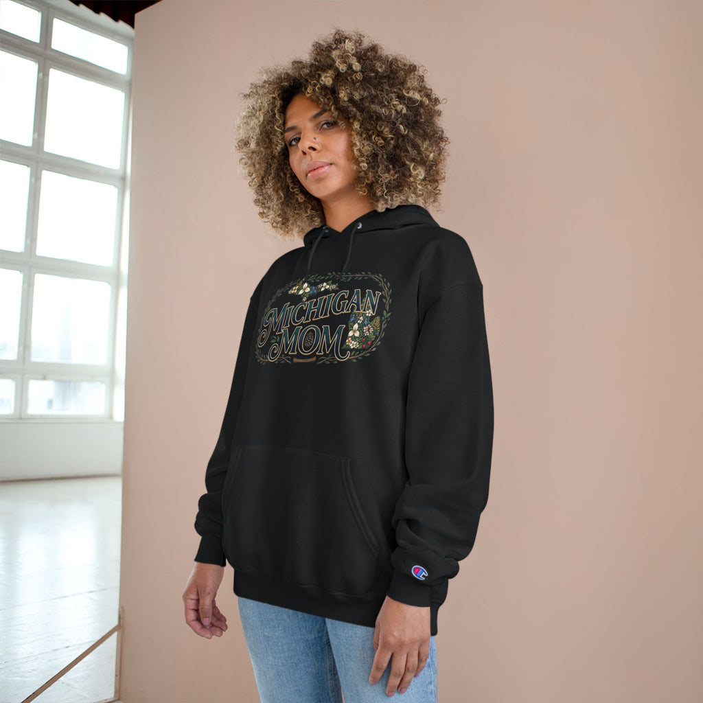 Michigan Mom Hoodie – Champion Pullover with Vintage State Floral Design