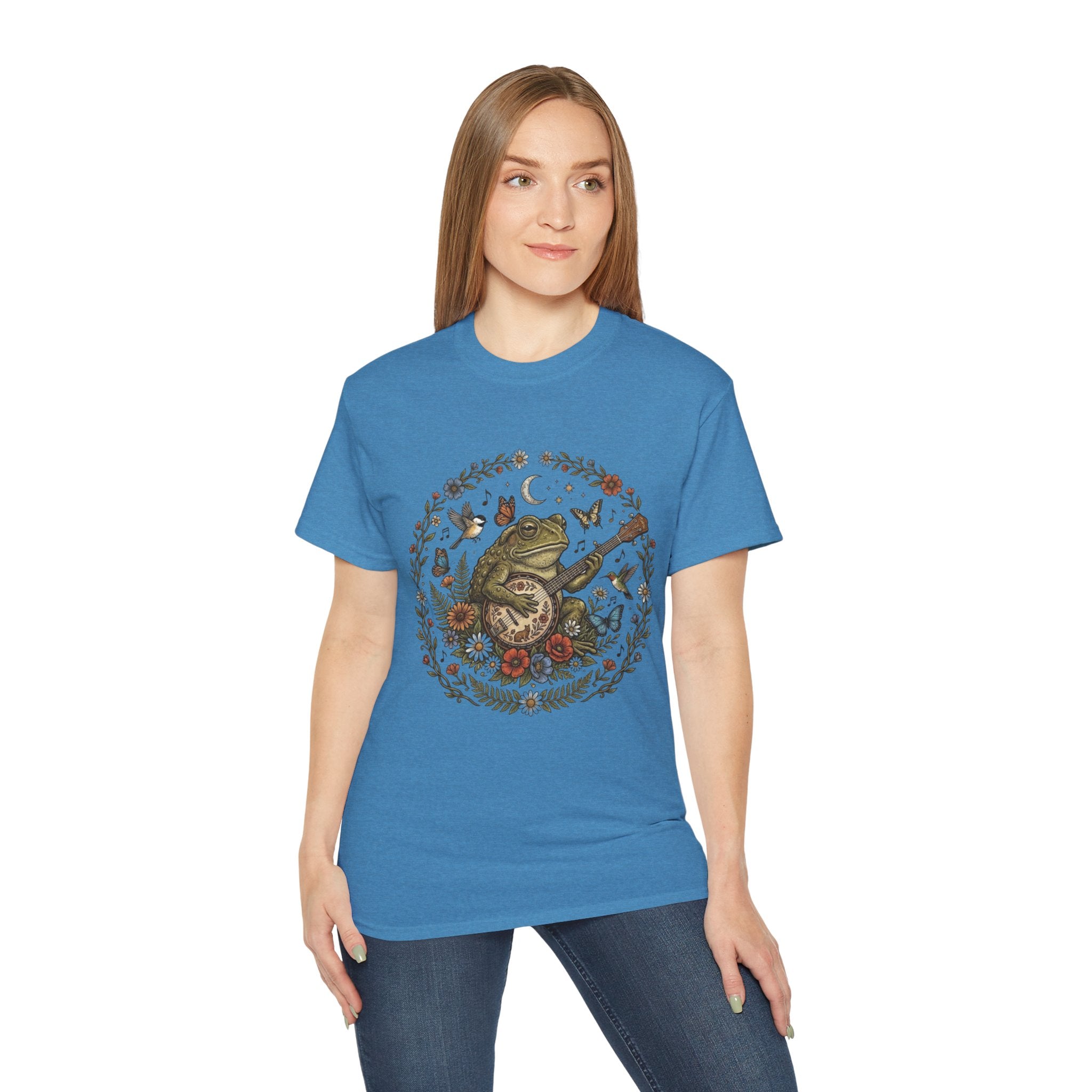 Folk Art Toad Banjo Tee — Floral Moonlight Frog Banjo  T-Shirt