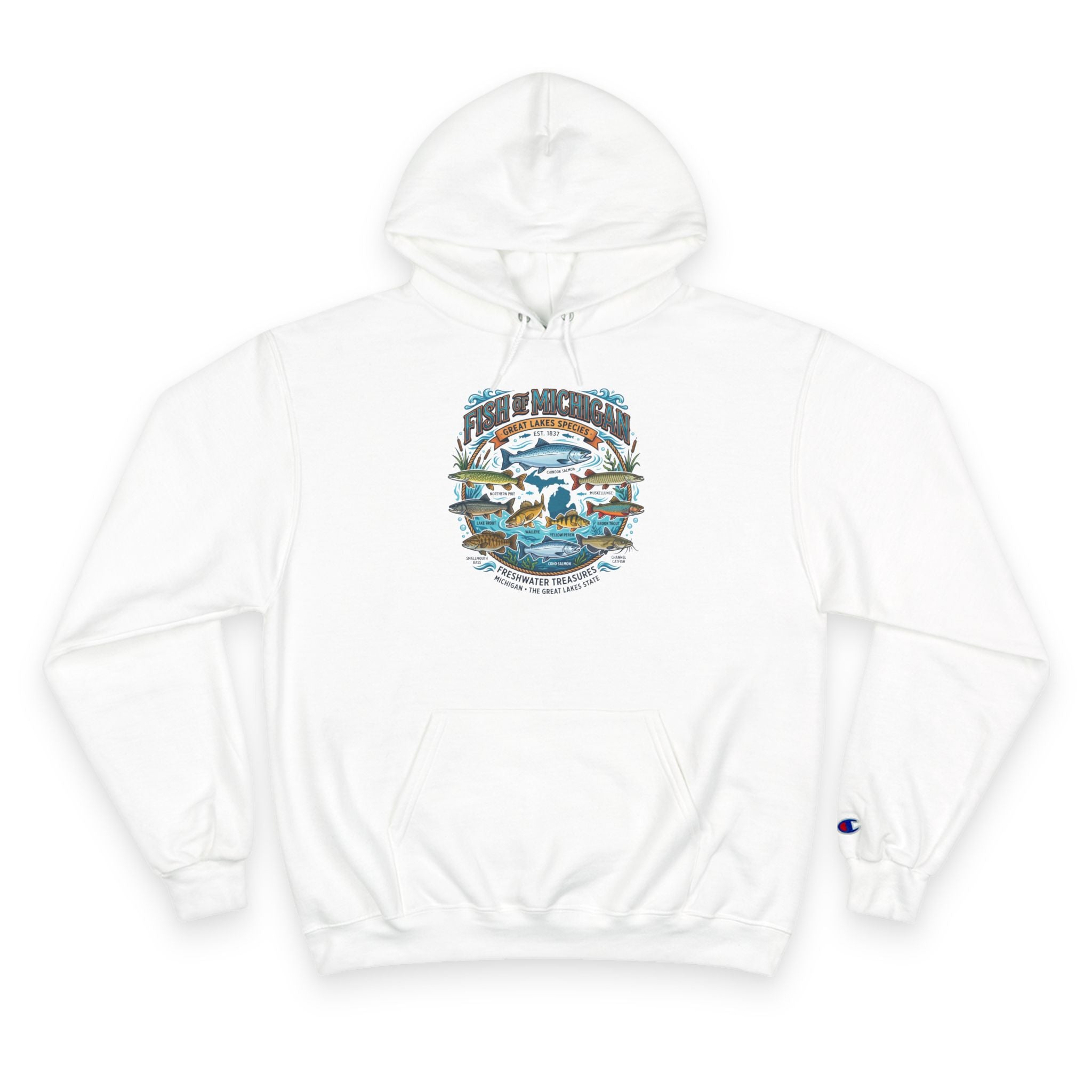 Retro Fishing Lakes Graphic Pullover Hoodie — Champion Hoodie