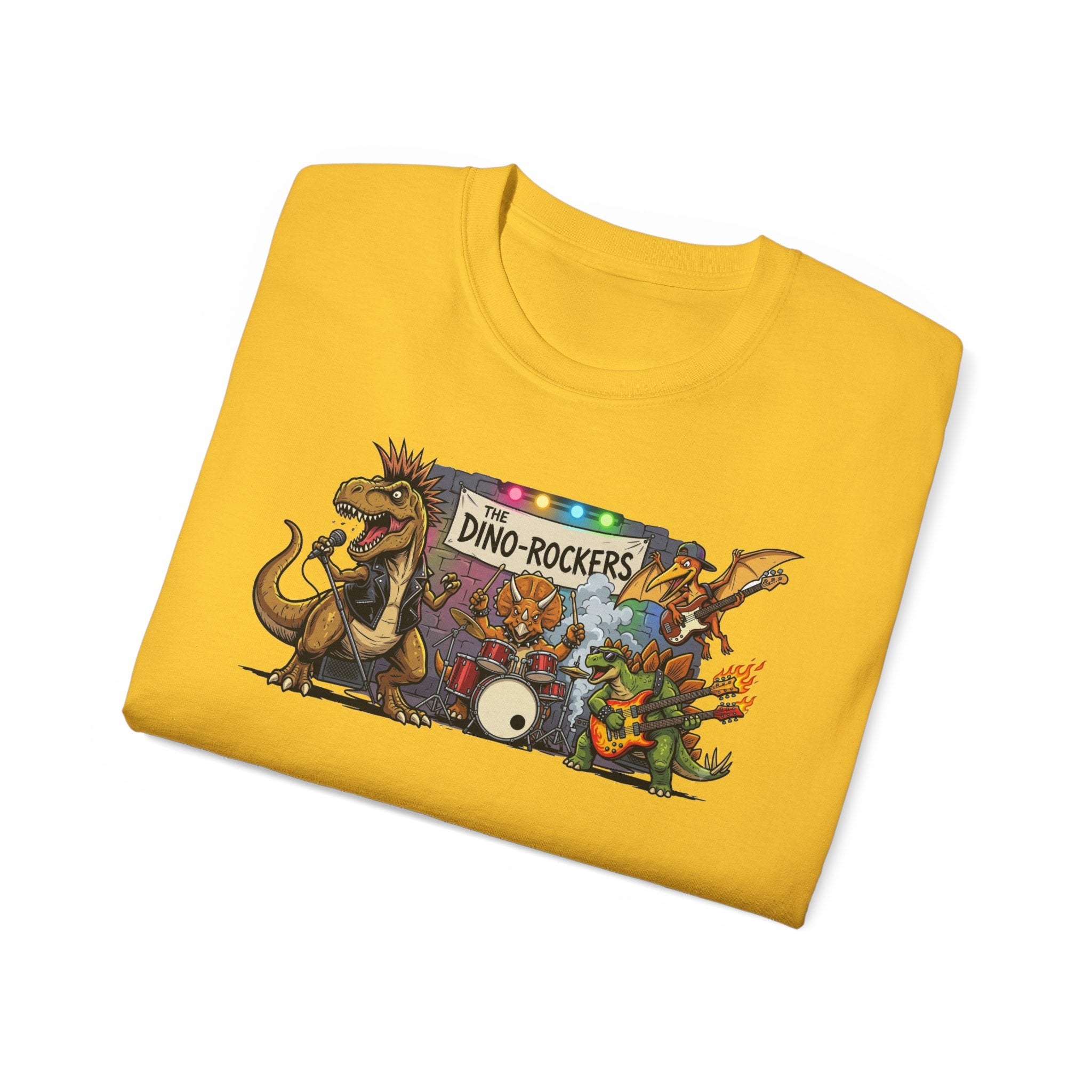 Dino Rockers T-Shirt – Retro Dinosaur Band Graphic Tee