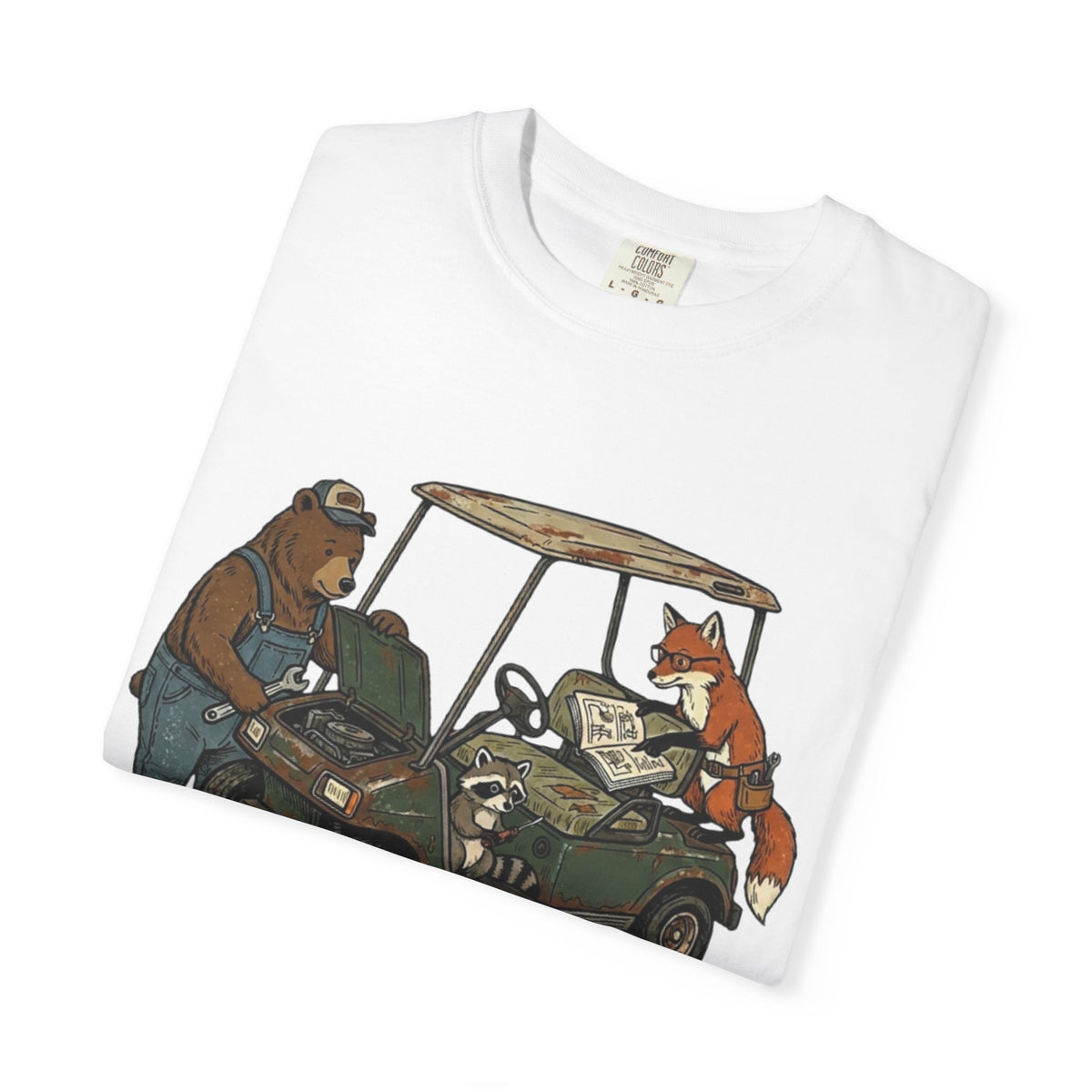 Golf Cart Mechanics T-Shirt — Bear & Fox Cartoon Repair Design