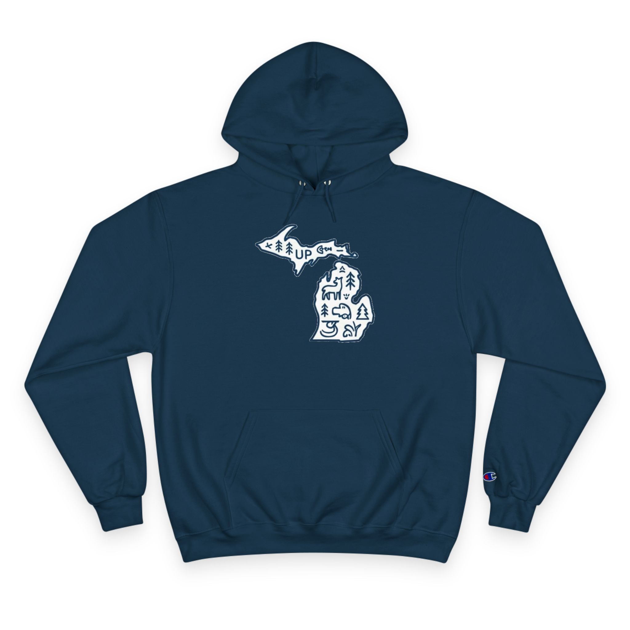 Michigan Map Champion Hoodie — Cozy State Pride Pullover with Iconic Symbols