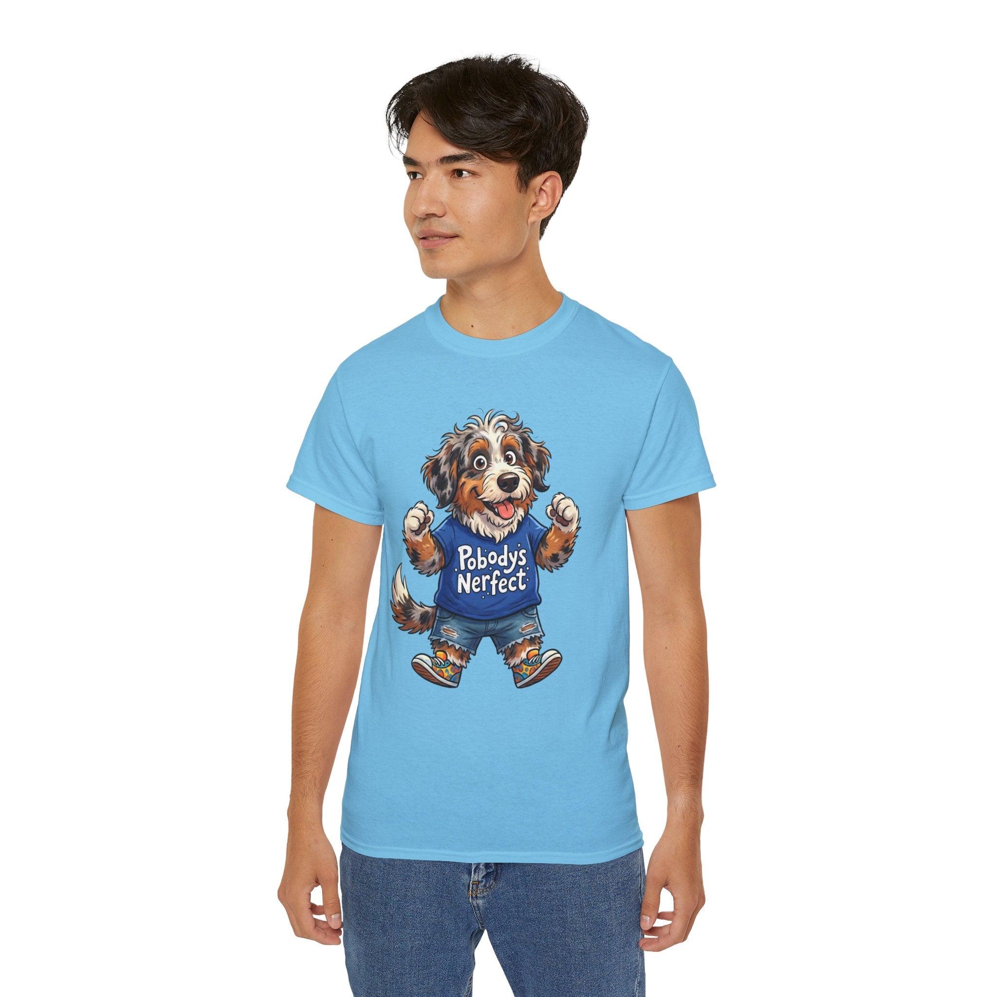 Dog Lover T‑Shirt – Cute Pup Wearing “Pobody's Nerfect” Shirt (Funny Pet Tee)