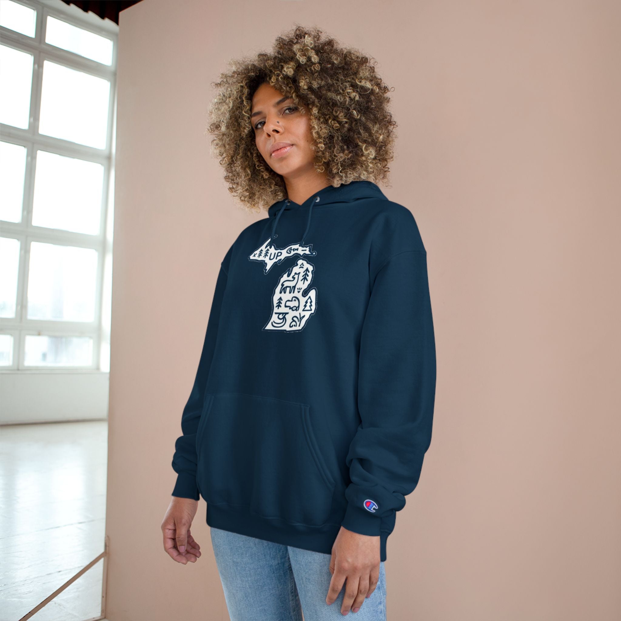 Michigan Map Champion Hoodie — Cozy State Pride Pullover with Iconic Symbols