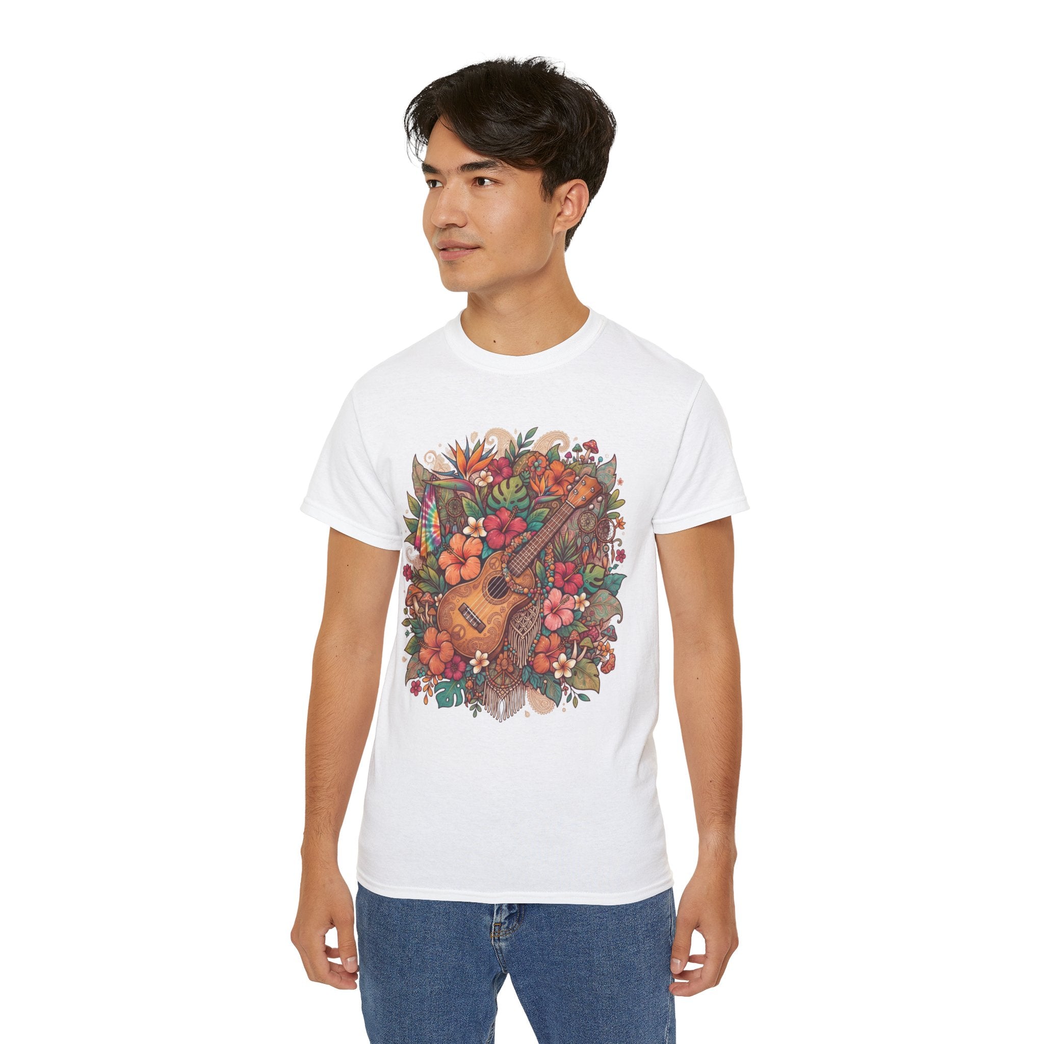 Floral Ukulele T-Shirt — Tropical Guitar & Hibiscus Flower Tee