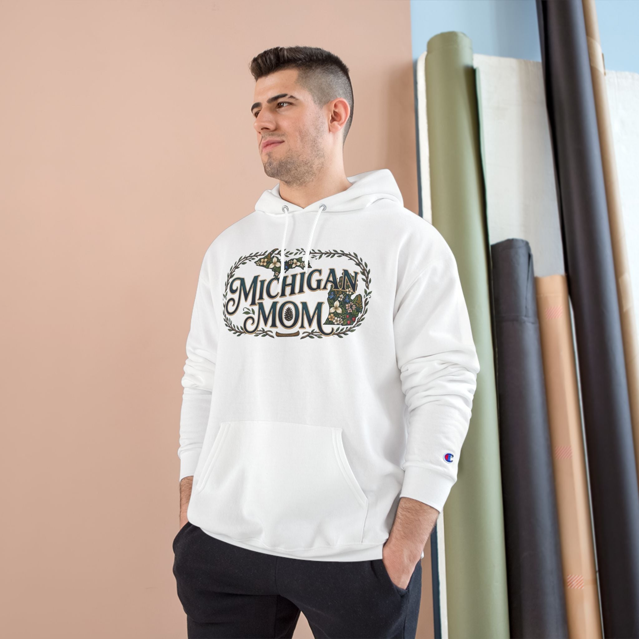 Michigan Mom Hoodie – Champion Pullover with Vintage State Floral Design