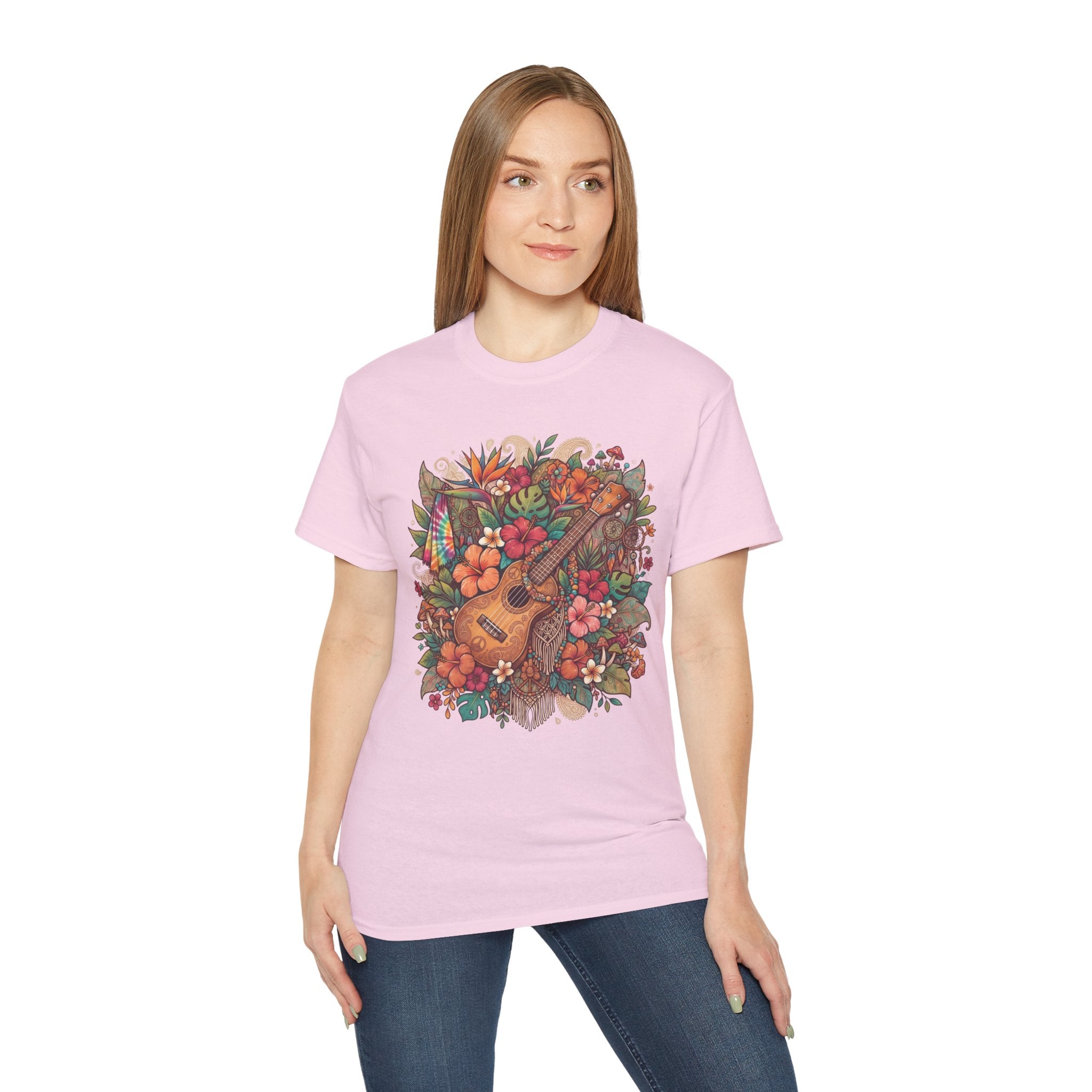 Floral Ukulele T-Shirt — Tropical Guitar & Hibiscus Flower Tee