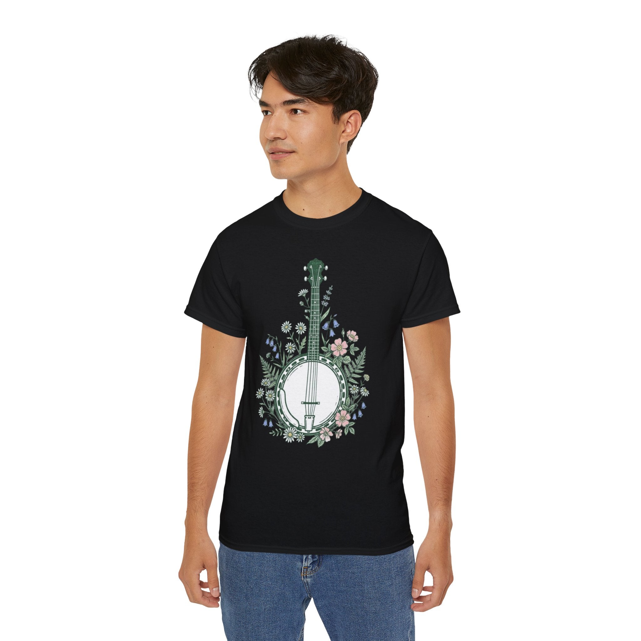 Floral Banjo Tee — Botanical Music Graphic T-Shirt