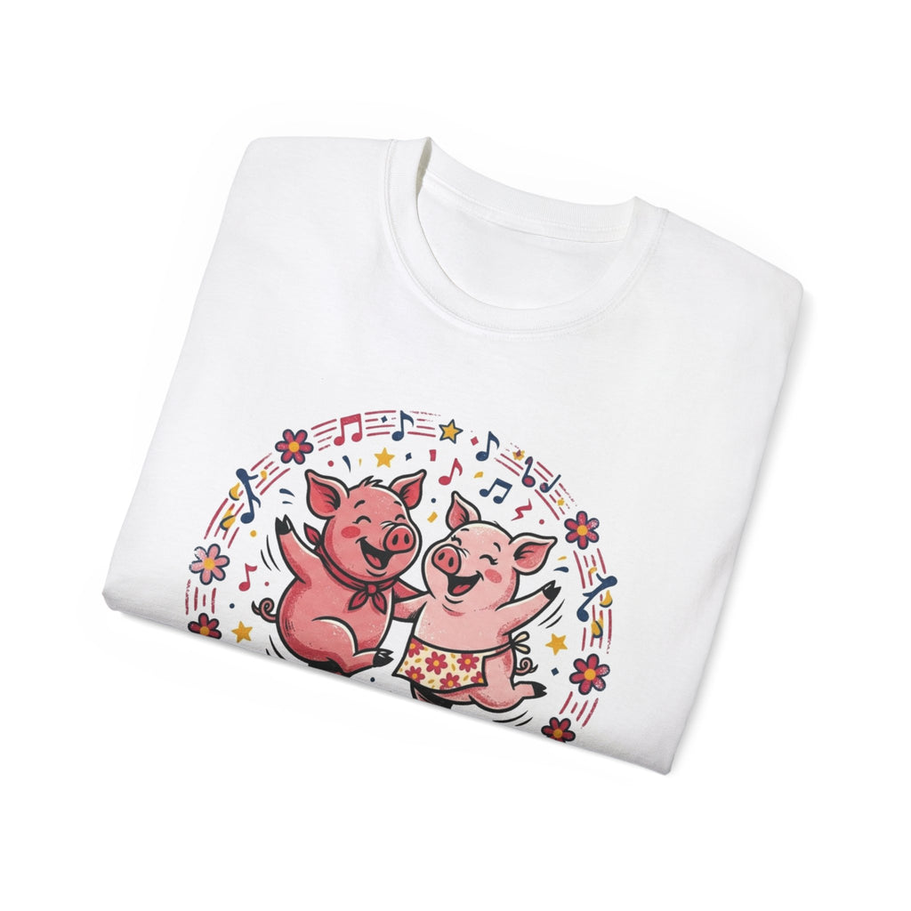 Hog Wild Dance Party Tee — Cute Dancing Pigs Graphic T-Shirt