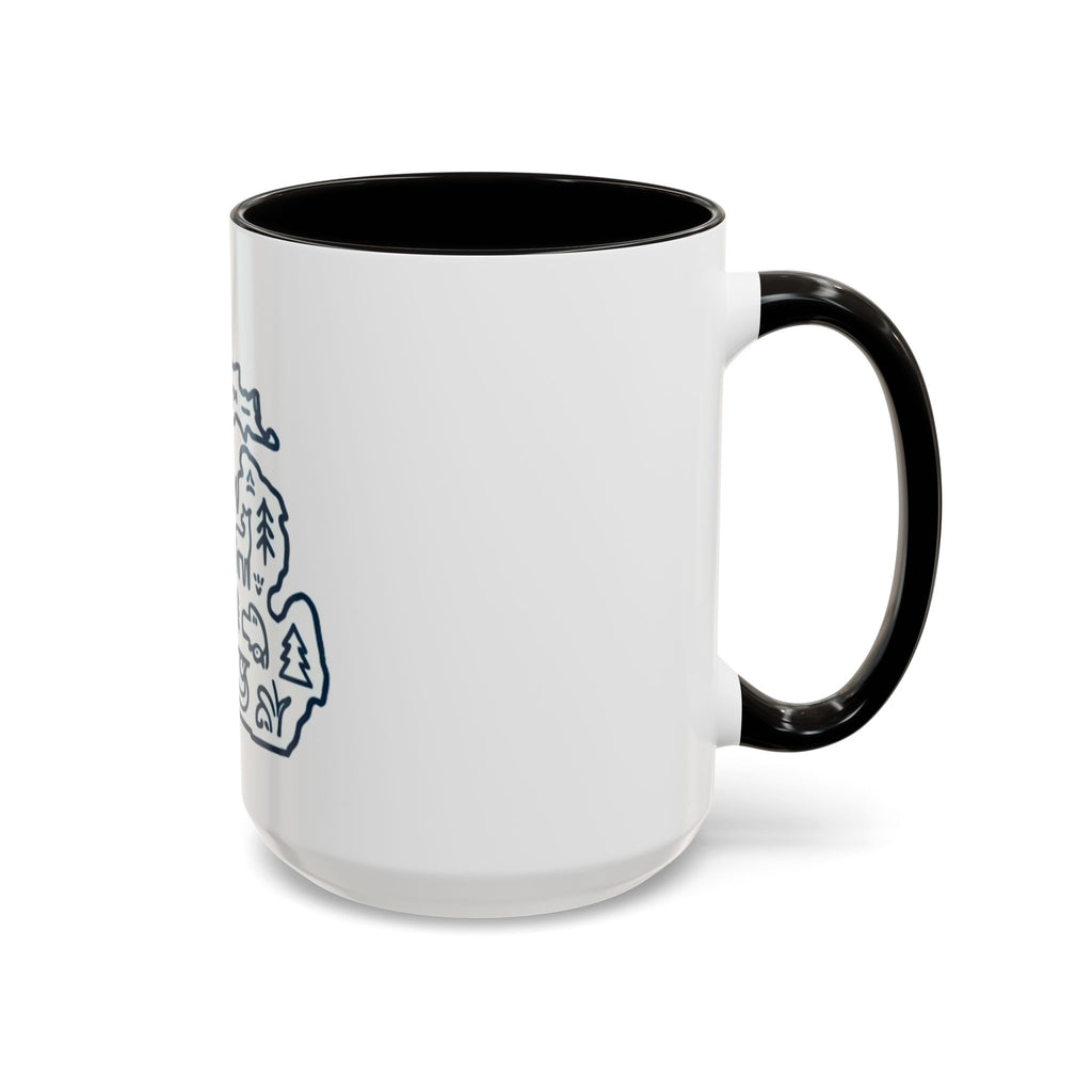 Michigan Outline Mug with UP & Outdoor Icons – Great Lakes State Coffee Cup (11oz/15oz)